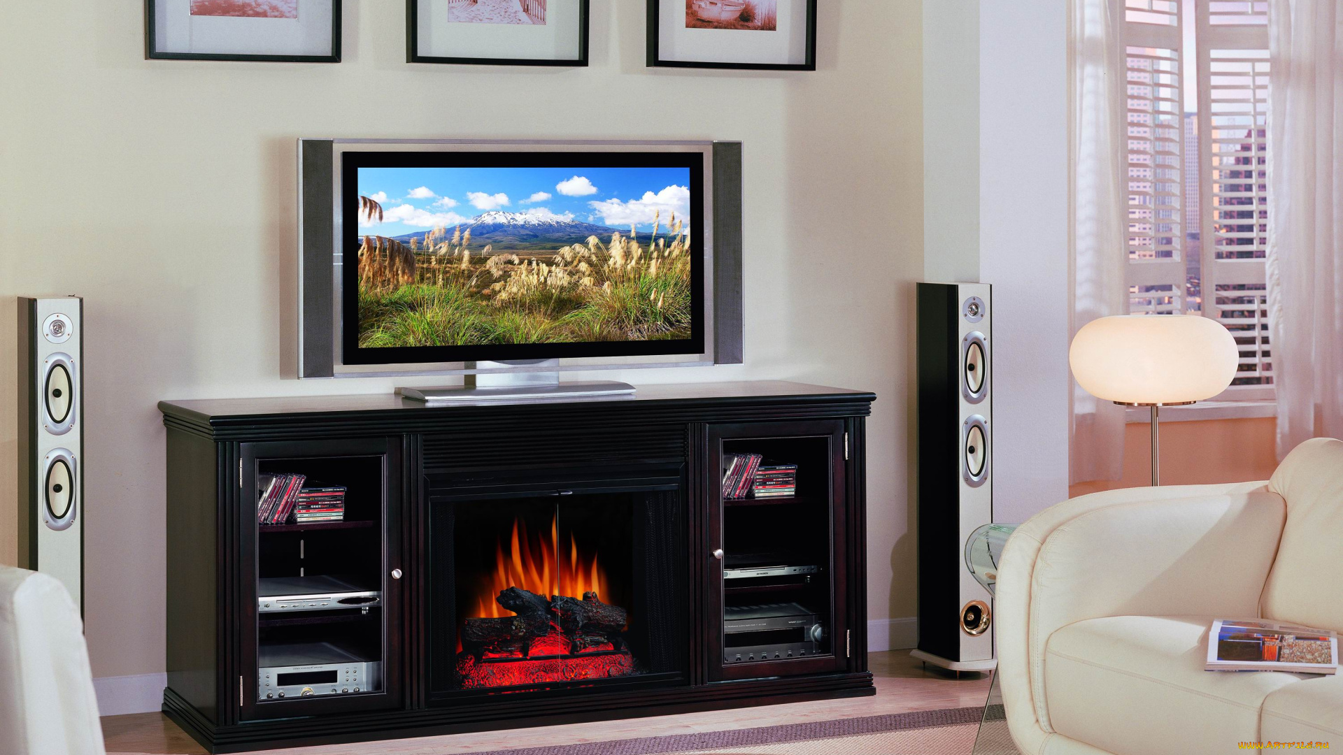 интерьер, камины, картина, телевизор, камин, кресло