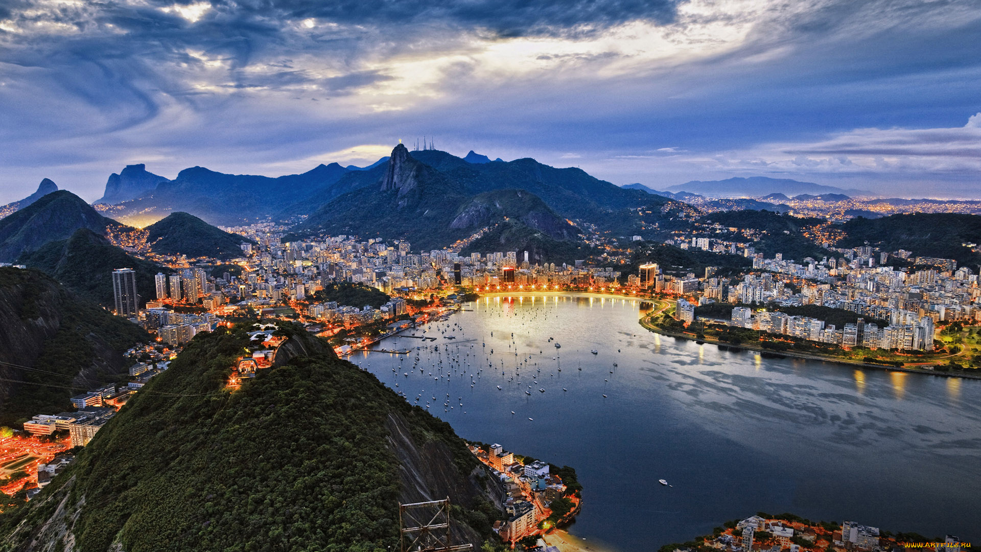 rio, de, janeiro, города, рио, де, жанейро, бразилия, guanabara, бухта, горы, здания, залив, огни
