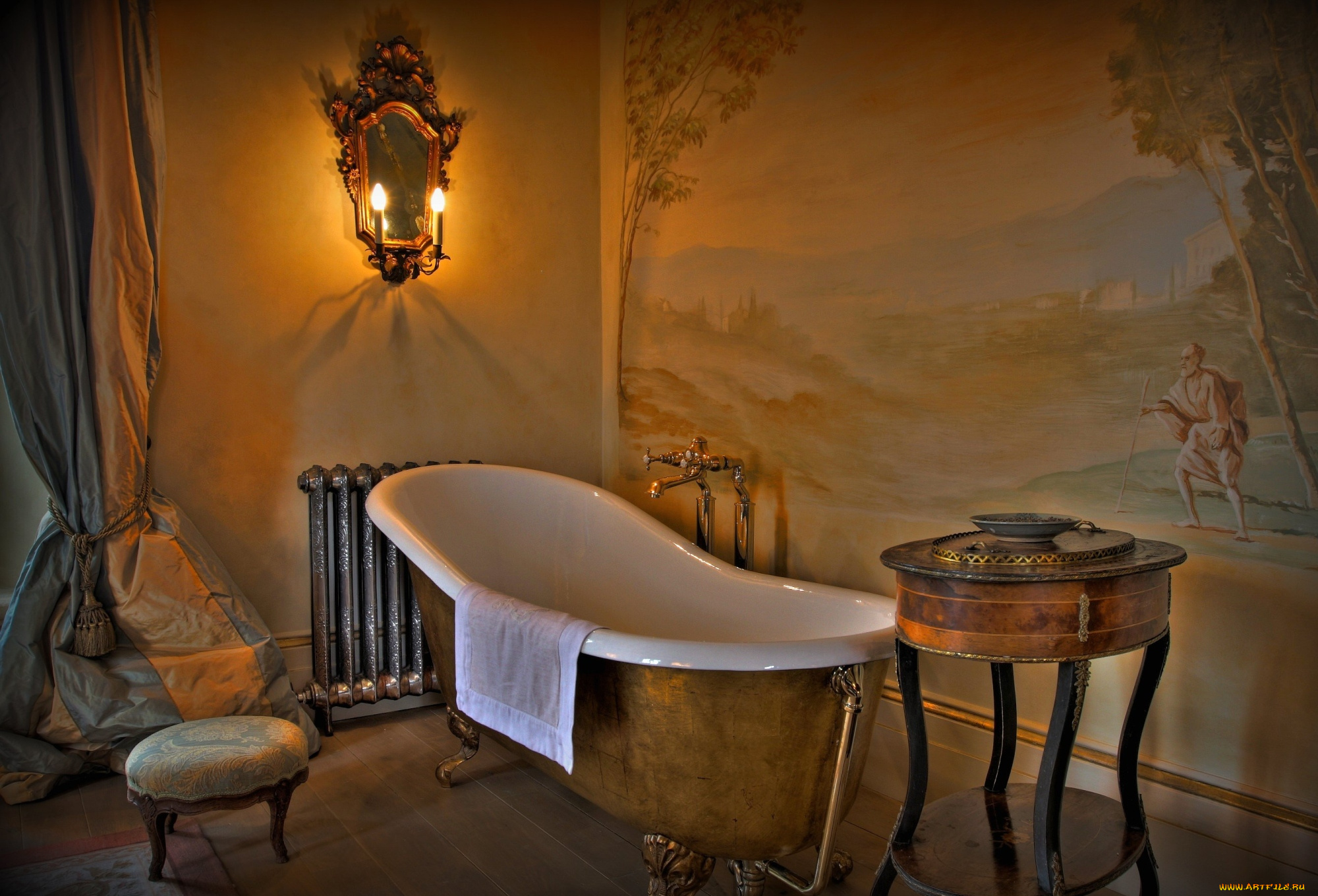 интерьер, ванная, туалетная, комнаты, ванна, роспись, пуф, зеркало