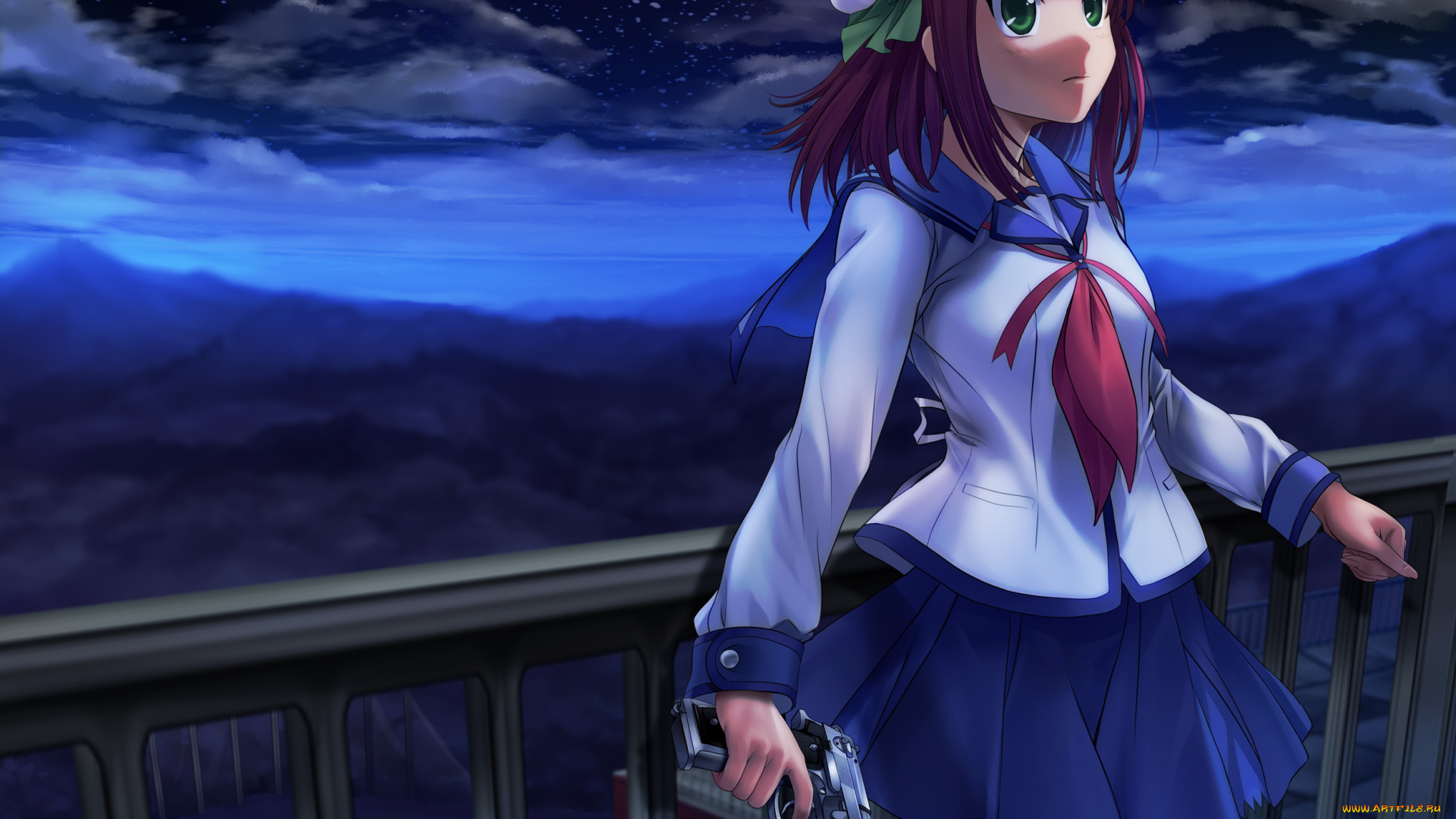 аниме, angel, beats, луна, пистолет, форма, ночь, небо, брюнетка, девушка