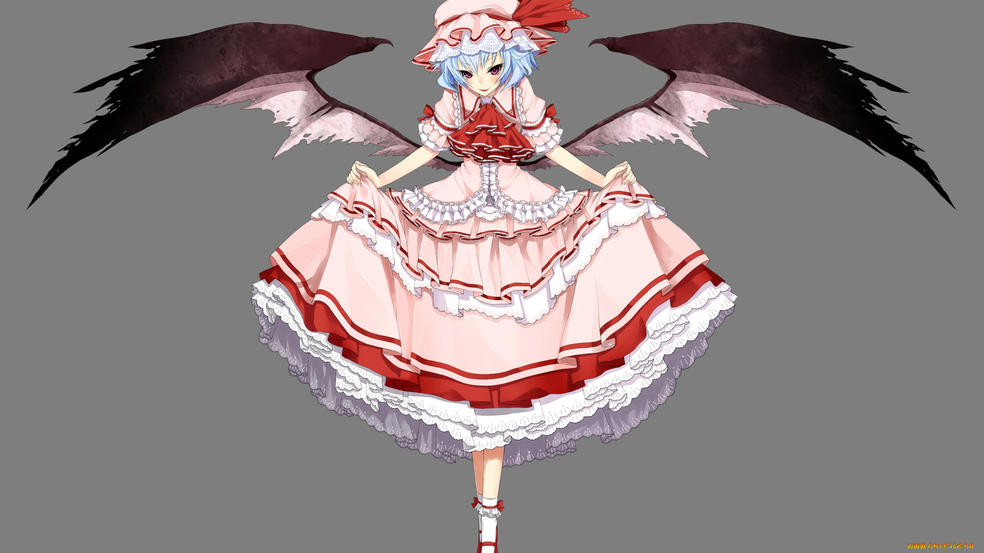 аниме, touhou, бальное, взгляд, шляпка, платье, серый, фон, крылья, демон, девушка