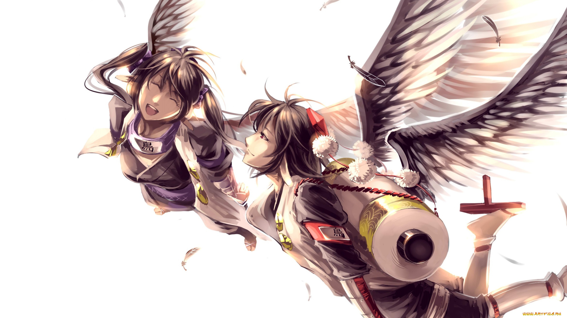 аниме, touhou, крылья, девушка, белый, фон, парень, полёт