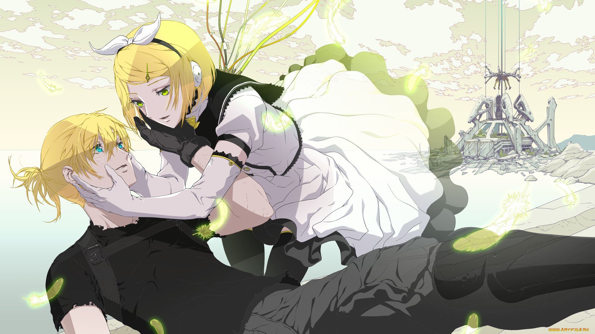 аниме, vocaloid, блондины, парень, девушка, вокалоид, перья