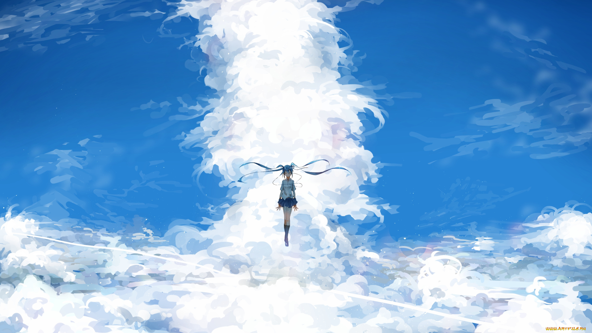 аниме, vocaloid, небо, синие, волосы, вокалоид, девушка, облака, парит