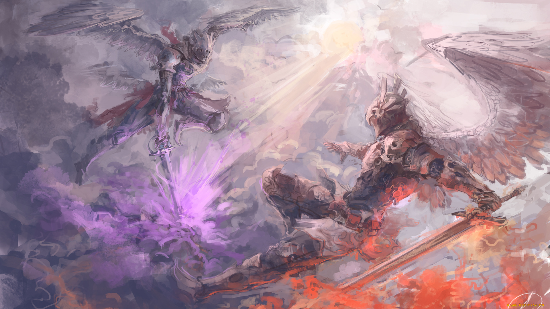 фэнтези, ангелы, битва, мечи