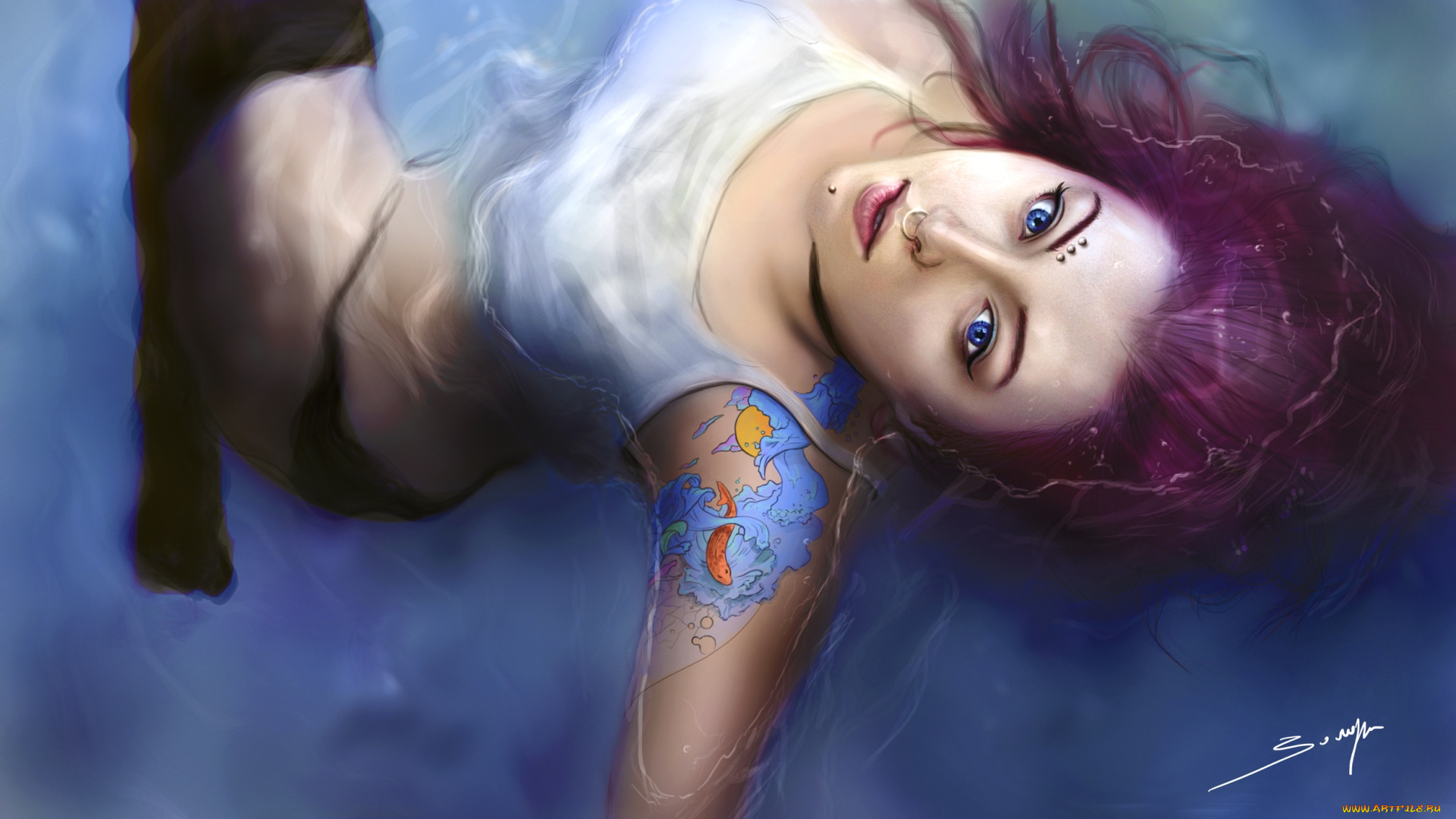 фэнтези, девушки, девушка, тату, вода