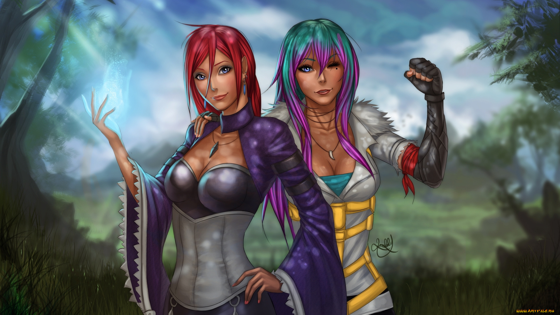 фэнтези, девушки, лес, поляна, деревья