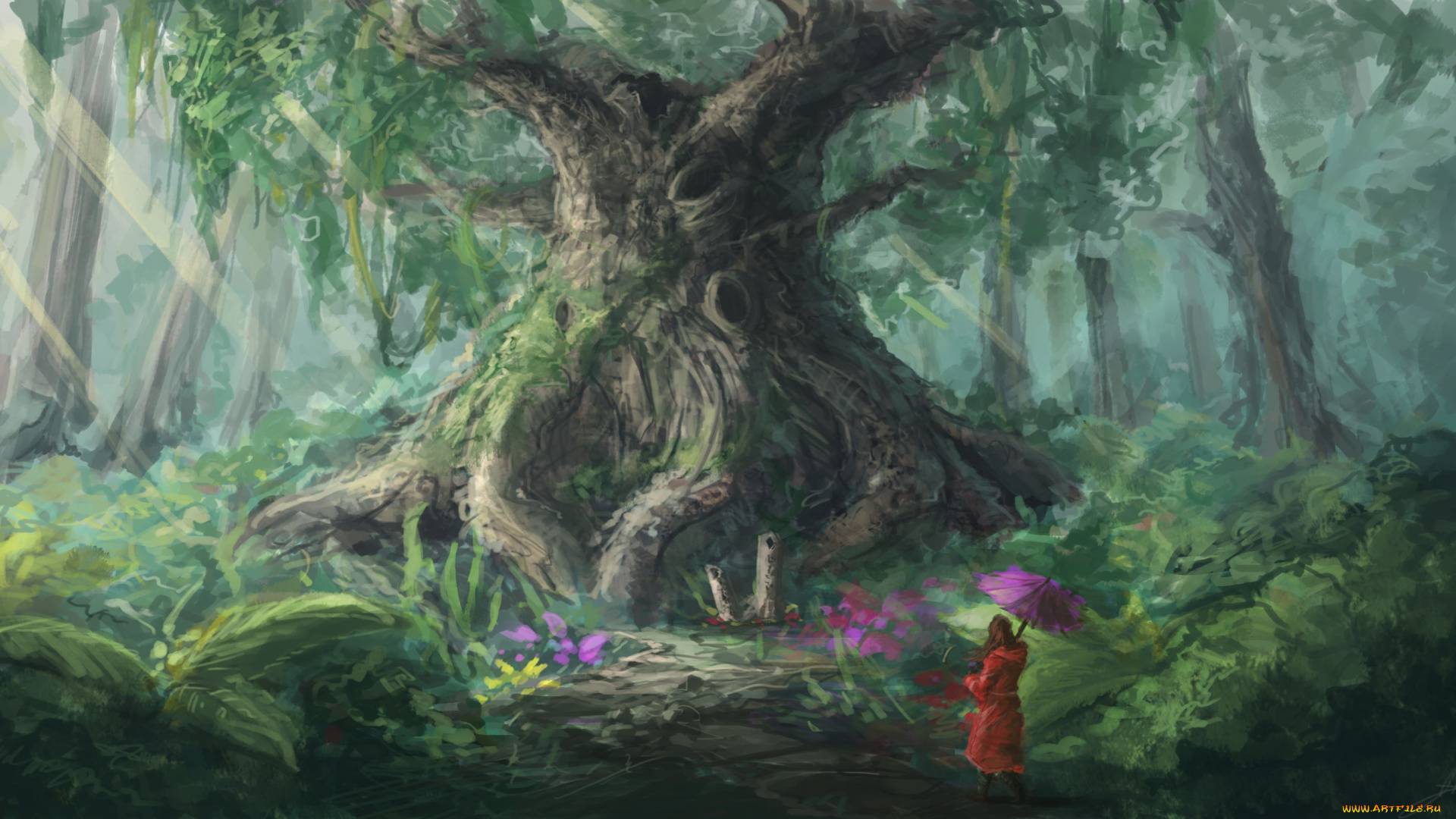 фэнтези, девушки, зонтик, девушка, лес, дерево