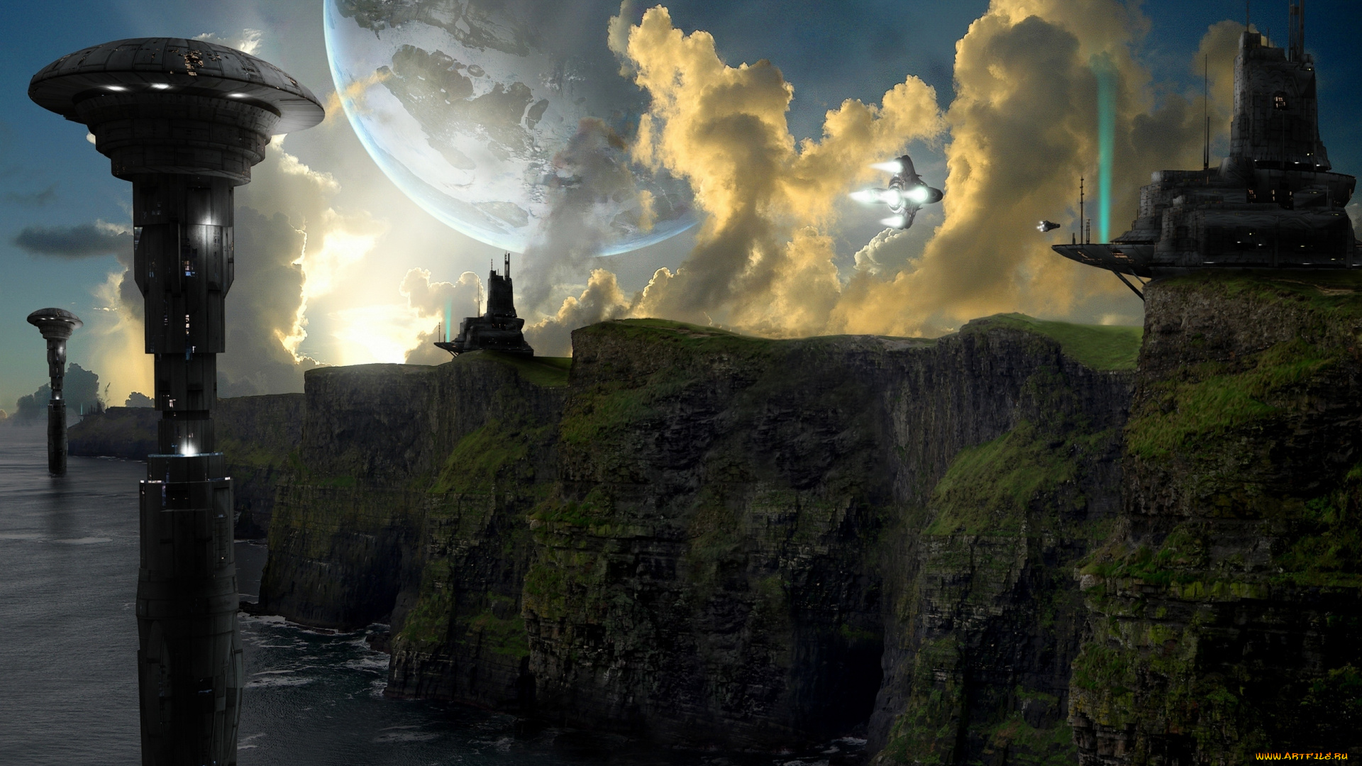 фэнтези, фотоарт, море, обрыв, берег, будущее, башни, сооружения