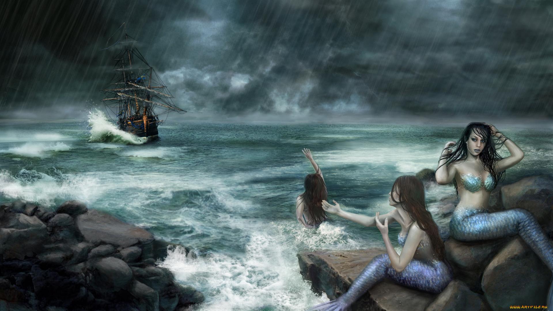 фэнтези, фотоарт, русалки, дождь, шторм, корабль, море, берег, парусник