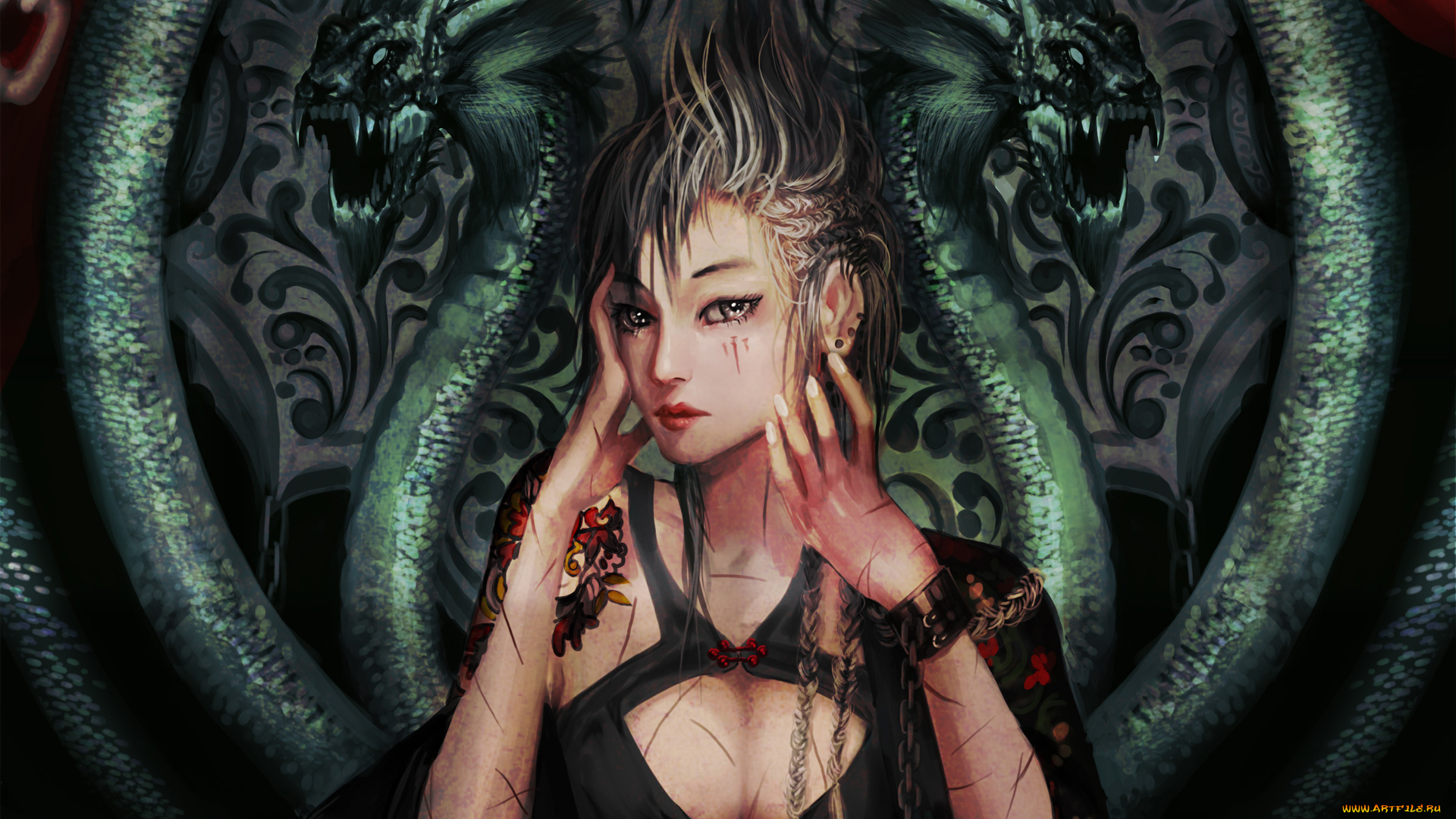 фэнтези, красавицы, и, чудовища, раны, тату, змеи, девушка