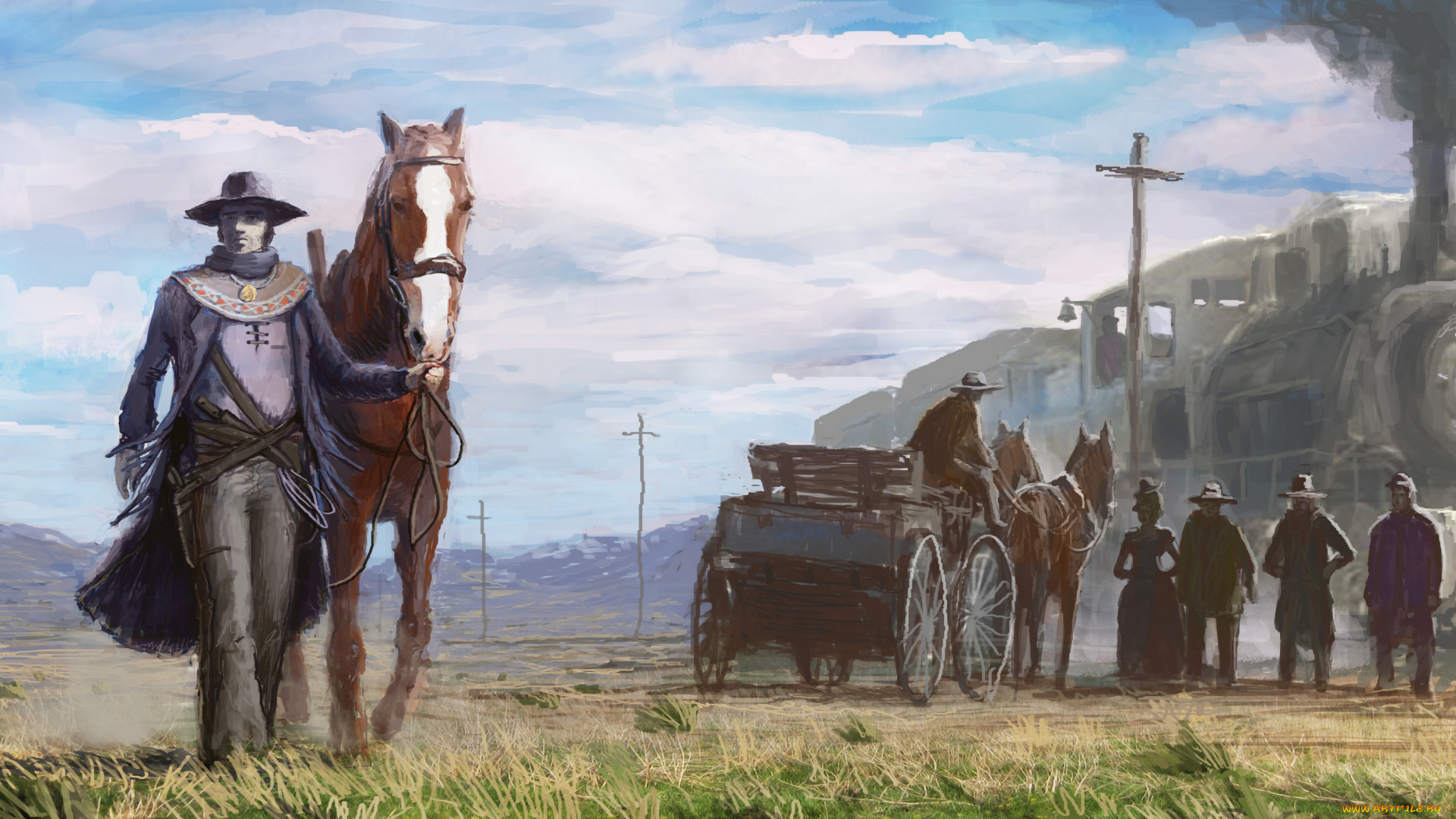 фэнтези, люди, повозка, паровоз, поезд, лошади