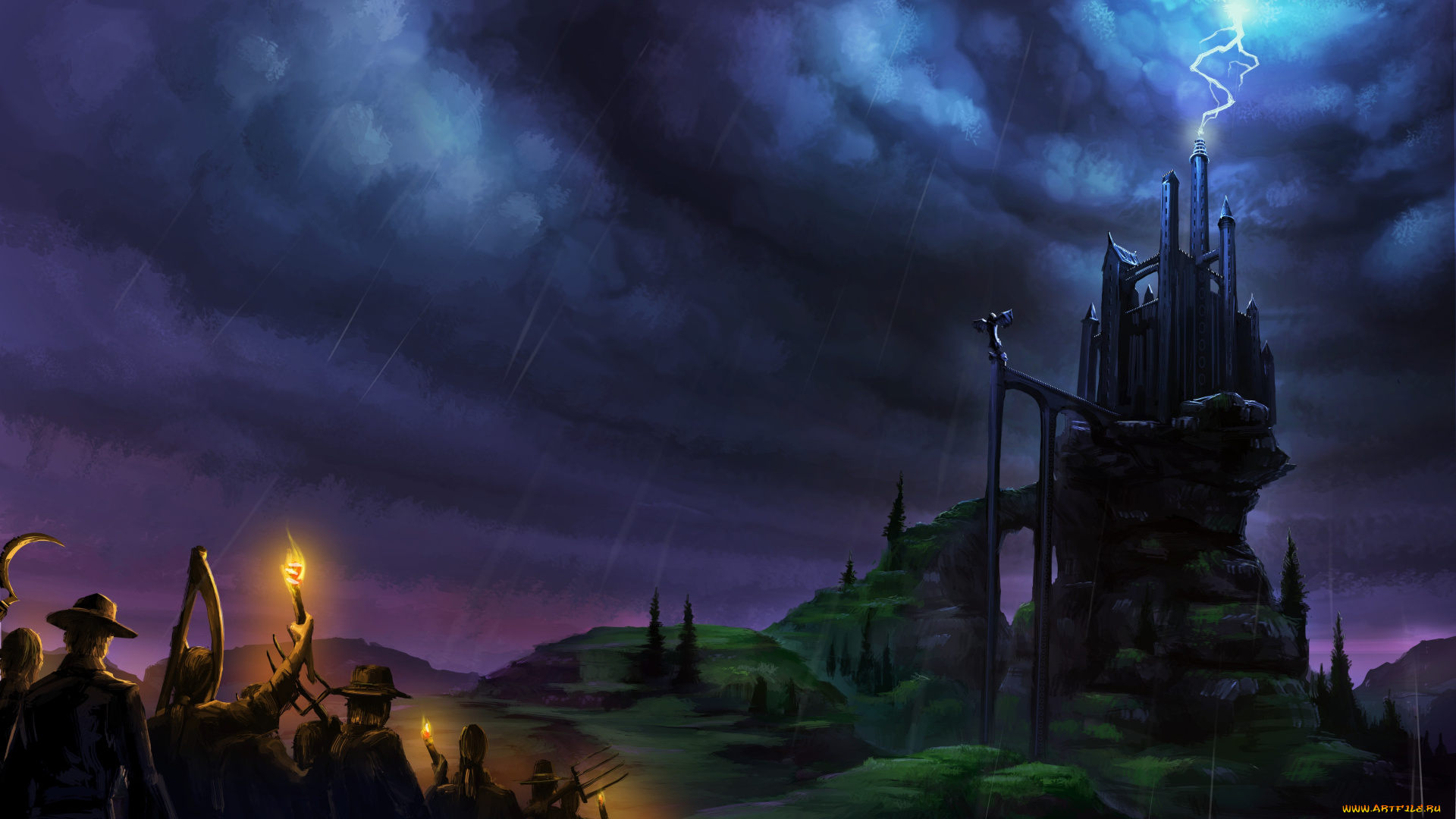 фэнтези, люди, скала, гроза, молния, замок, тучи