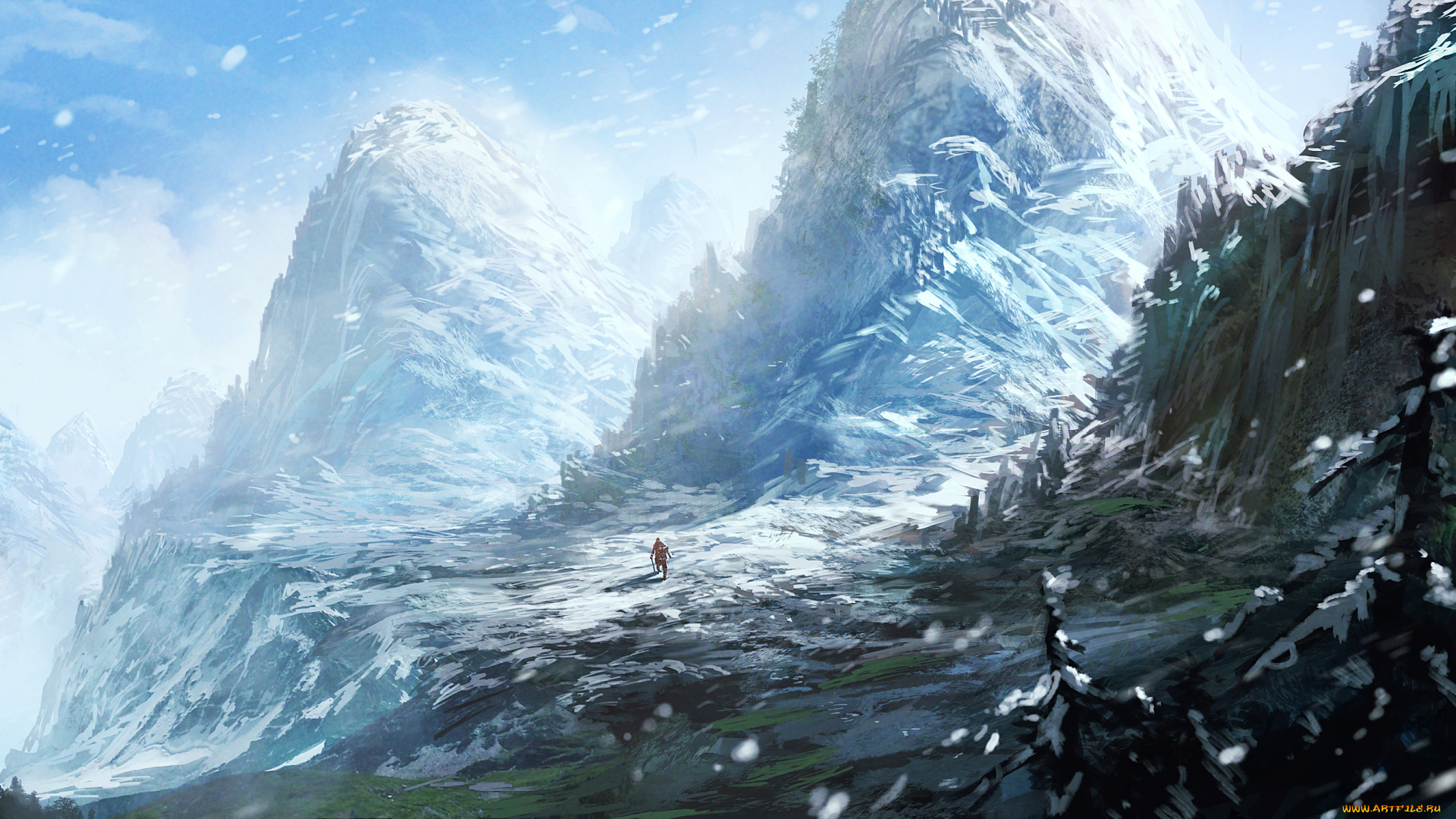 фэнтези, пейзажи, горы, зима, снег, альпинист