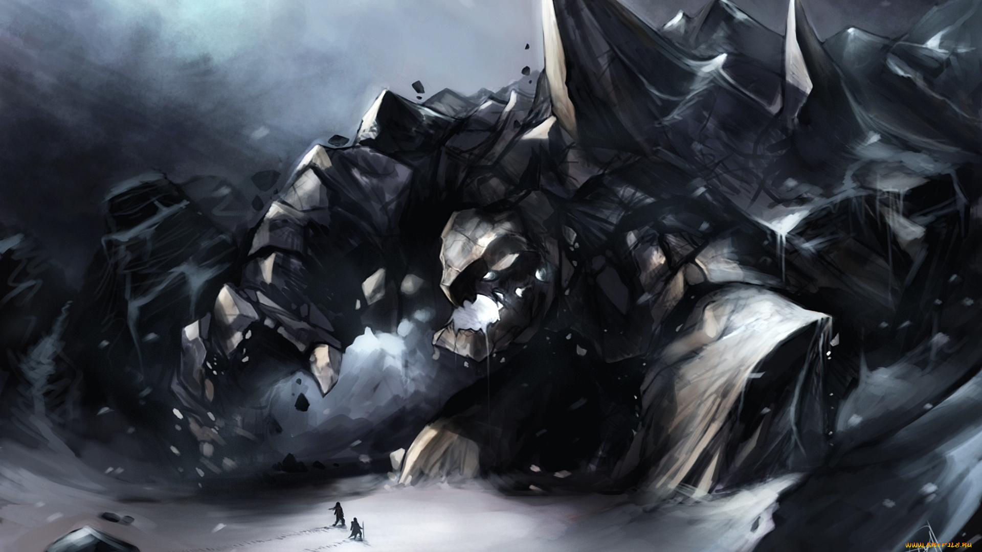 фэнтези, существа, гигант, монстр, cущество, люди, снег, зима