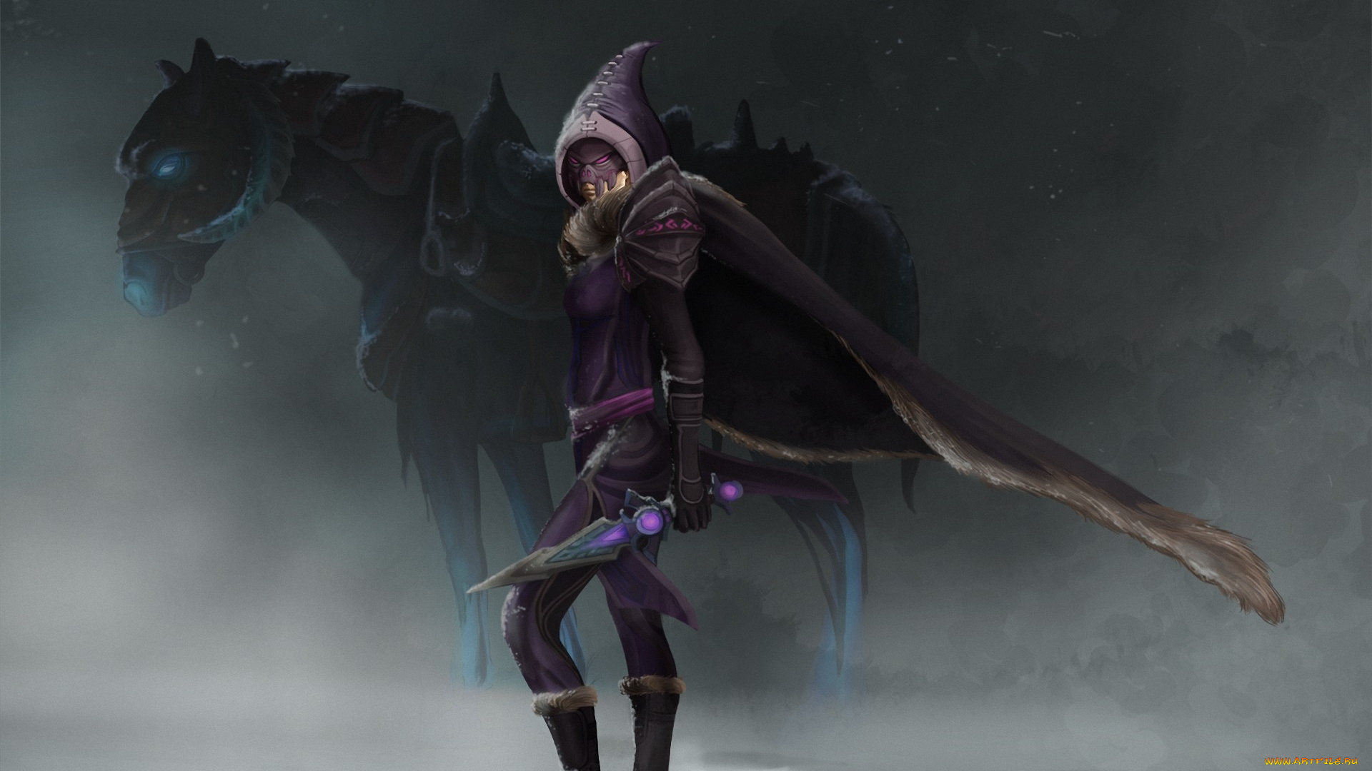 фэнтези, существа, снег, конь, монстр, капюшон, плащ, нож, tsali