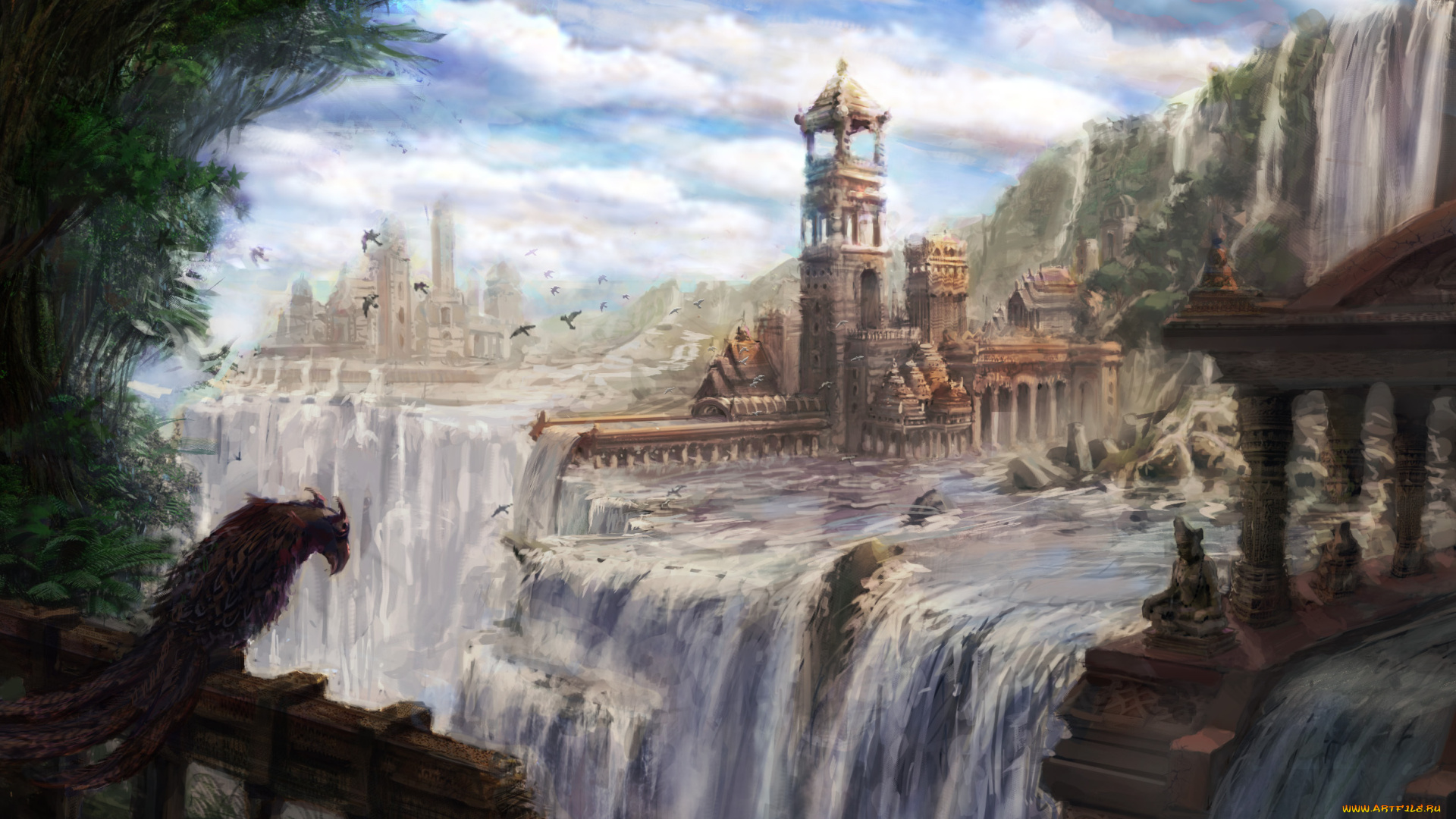 фэнтези, замки, водопад, птица, запустение, иной, руины, развалины, мир, лес