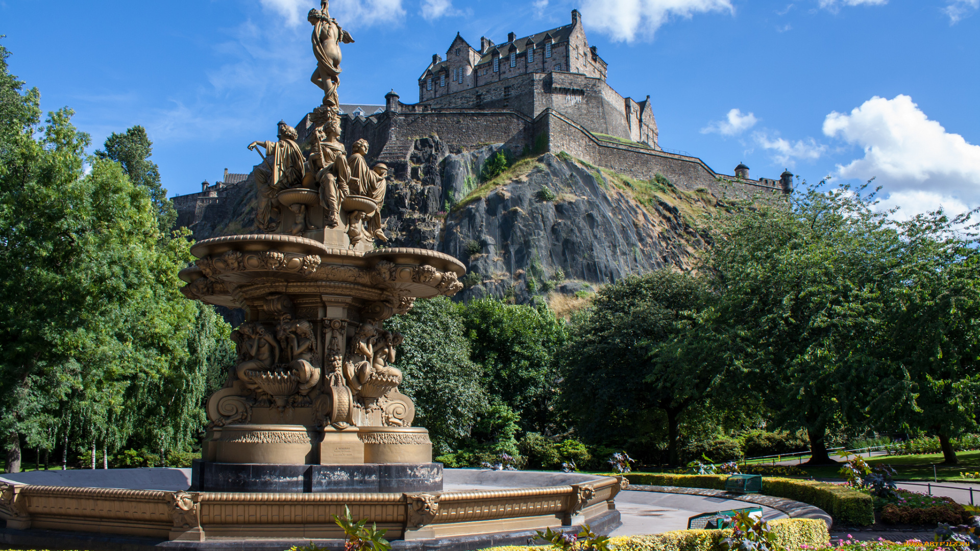 города, эдинбург, , шотландия, замок, фонтан