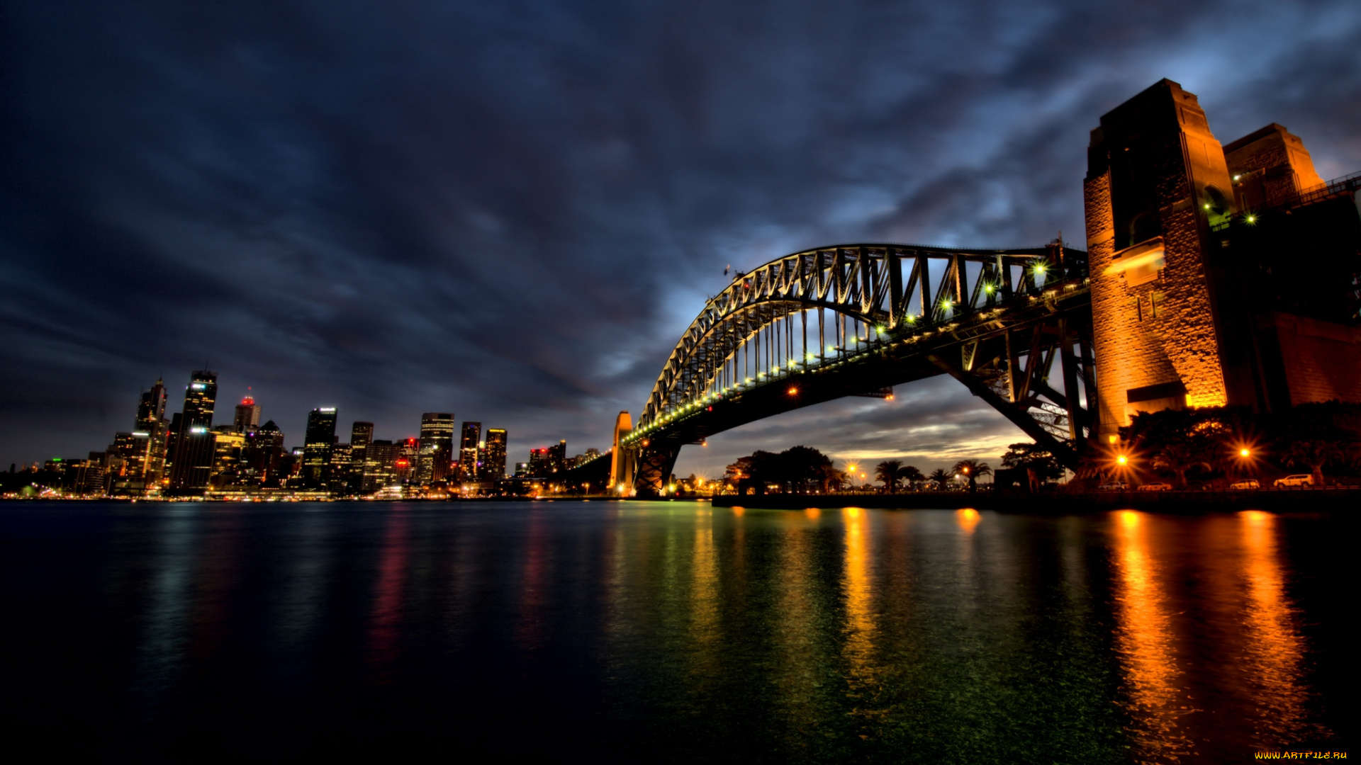 города, сидней, , австралия, мост, hdr, огни, ночь