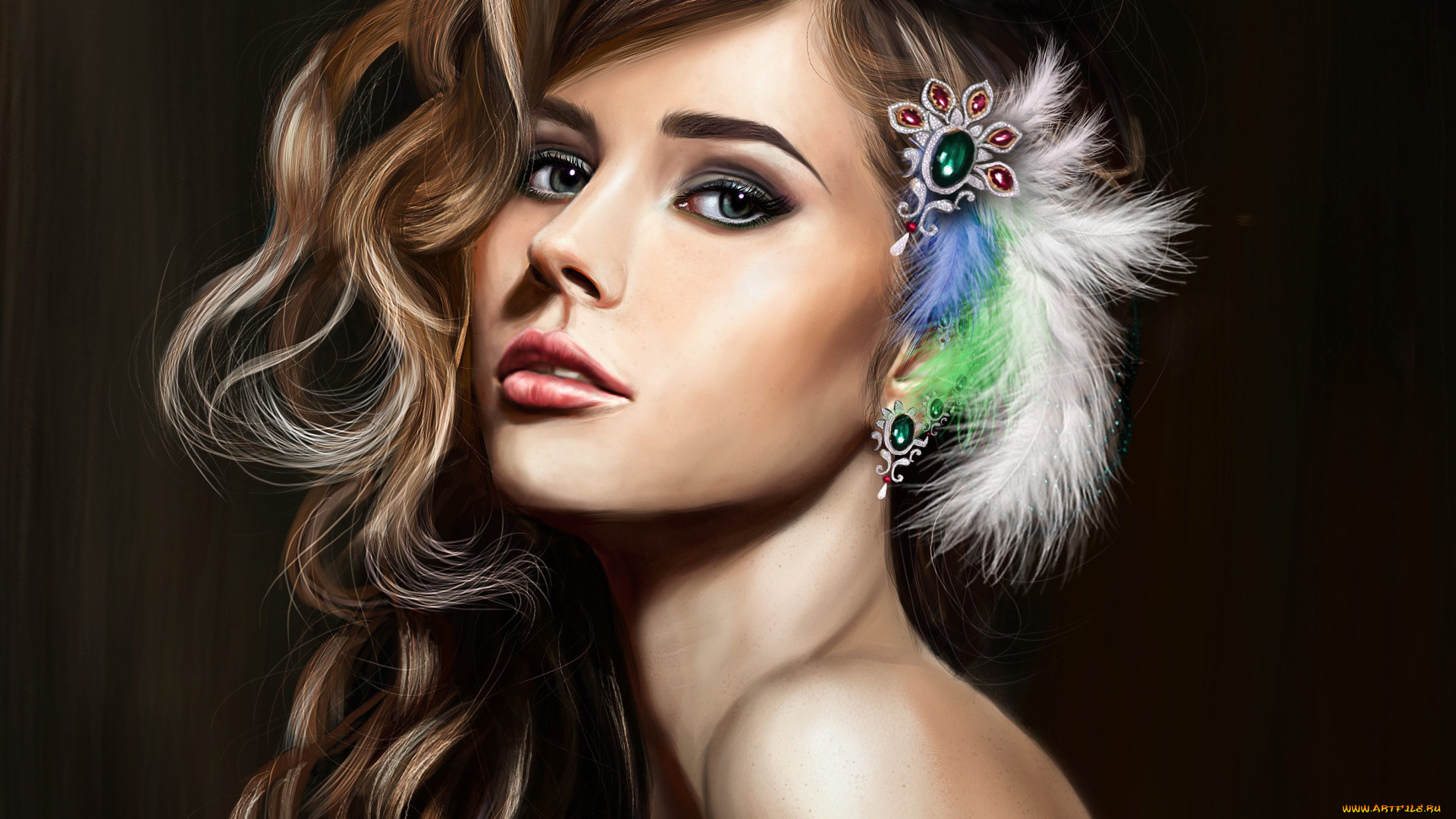 рисованные, люди, украшения, перья, кудри, локоны, девушка, взгляд, лицо, волосы, макияж, красивая