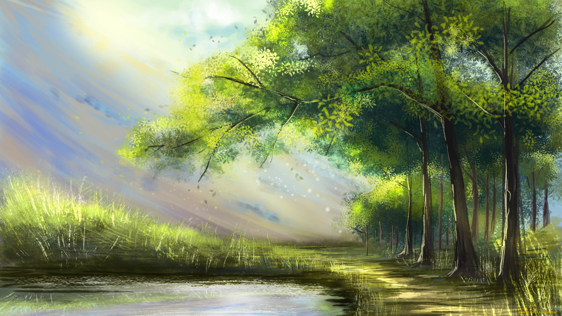 рисованные, природа, лучи, пейзаж, деревья, озеро, лес
