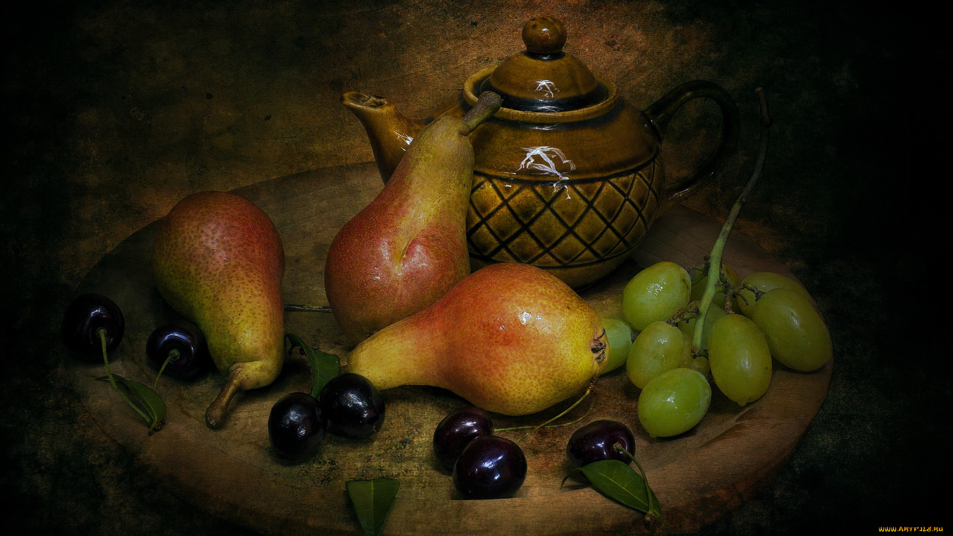 рисованные, живопись, черешня, груши, виноград, чайник