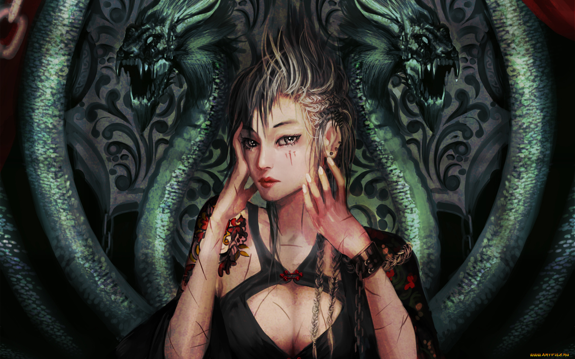 фэнтези, красавицы, и, чудовища, раны, тату, змеи, девушка