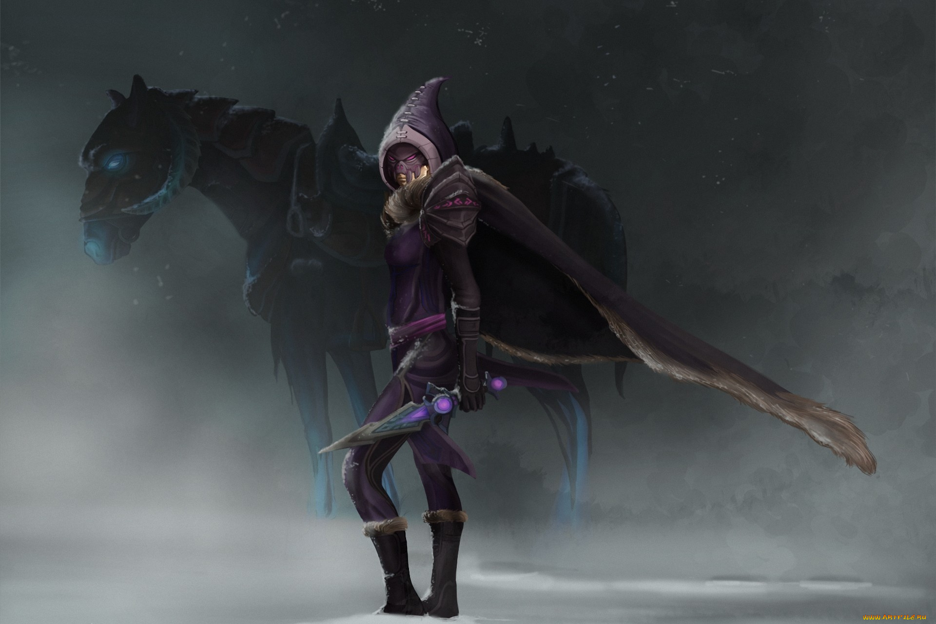 фэнтези, существа, снег, конь, монстр, капюшон, плащ, нож, tsali
