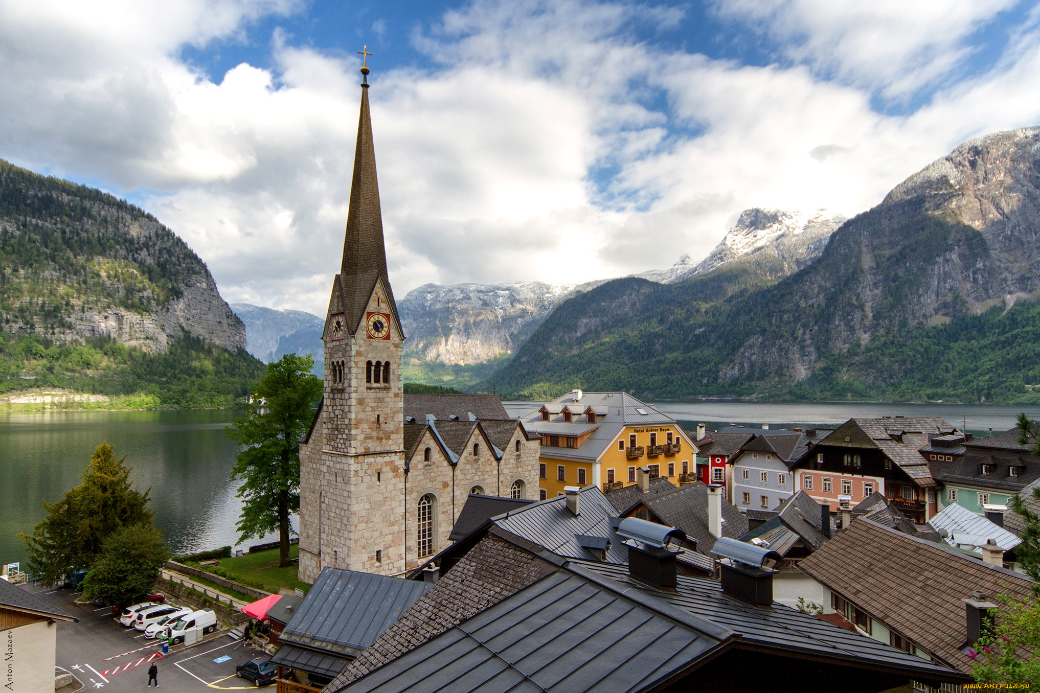 города, гальштат, , австрия, башня, горы, панорама