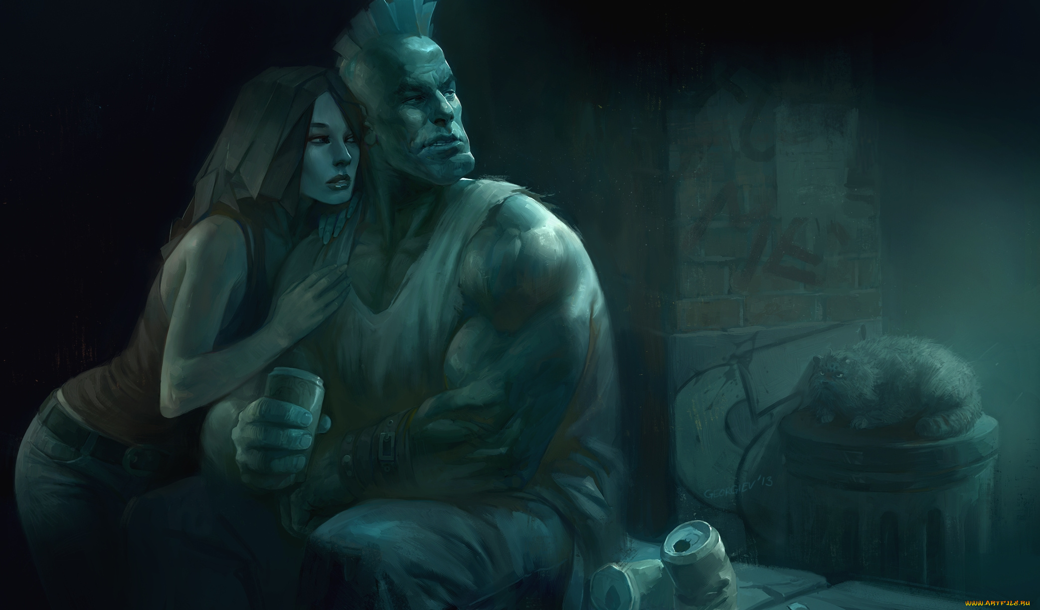 фэнтези, люди, кот, мужик, девушка