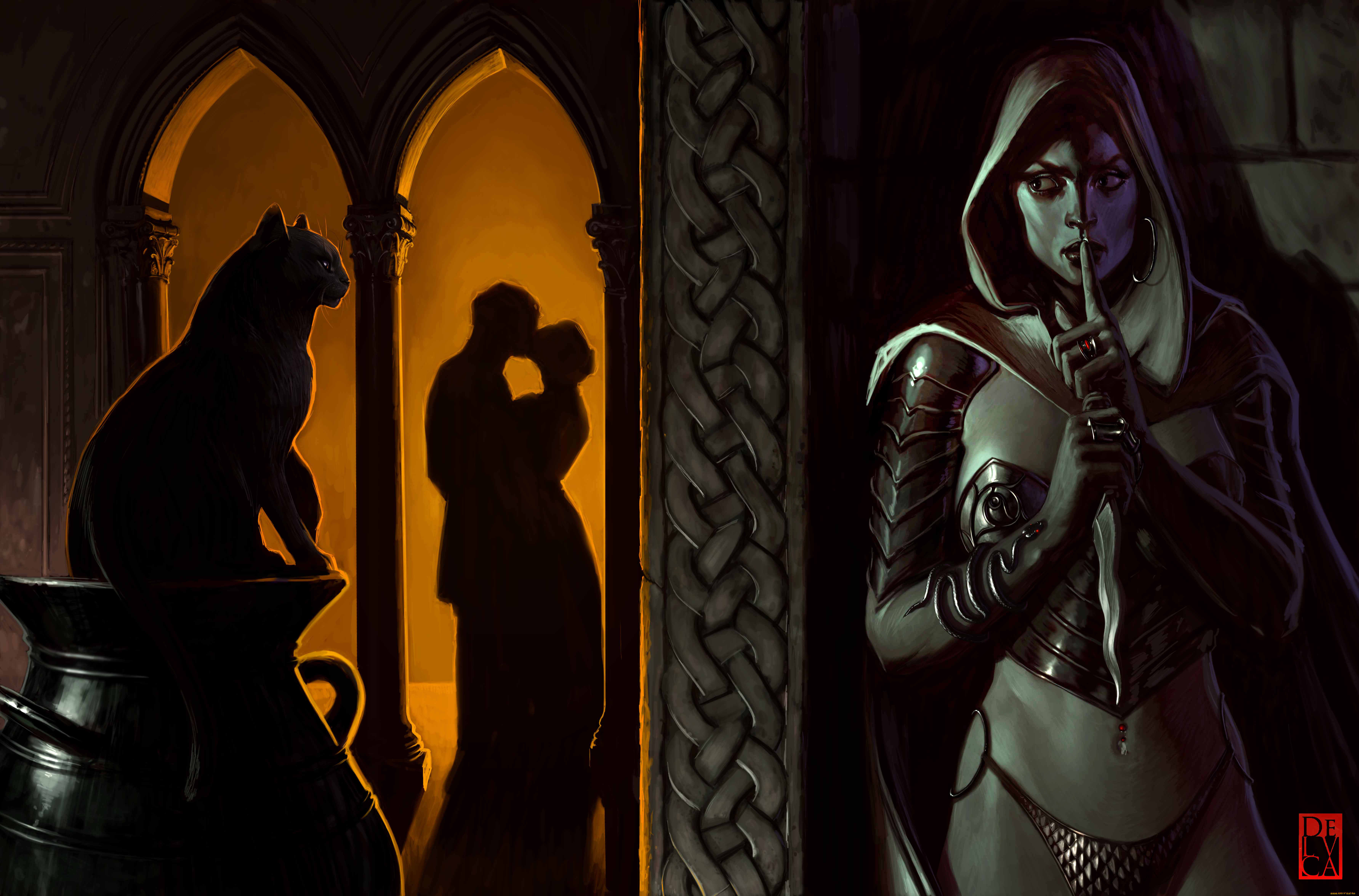 фэнтези, девушки, пара, влюбленная, кувшин, кот, девушка