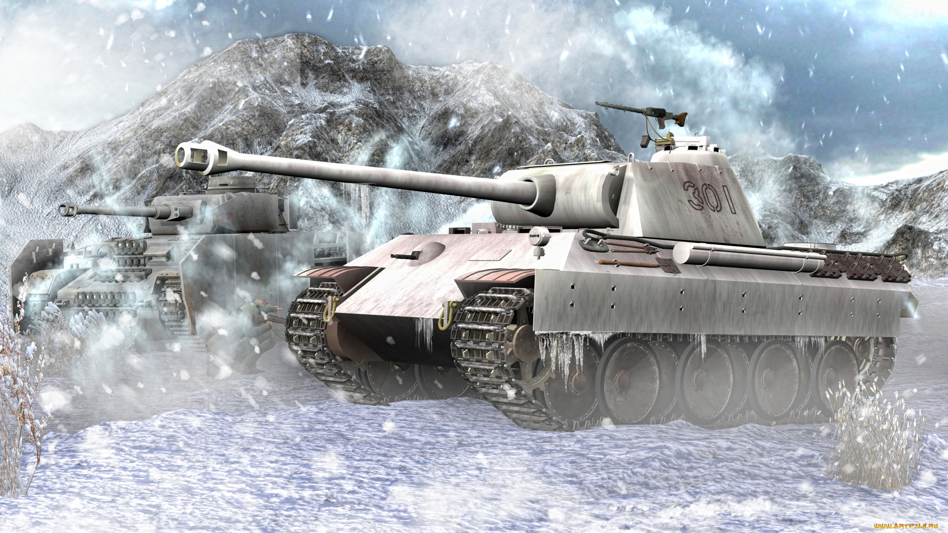техника, 3d, снег, танки, горы