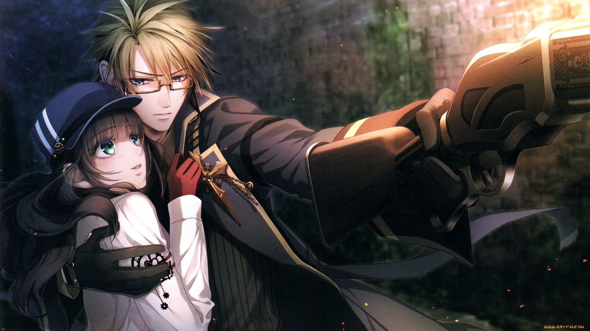 аниме, code, realize, art, miko, code, realize, visual, novel, стена, очки, перчатки, костюм, испуг, ружье, ночь, cardia, beckford, abraham, van, helsing