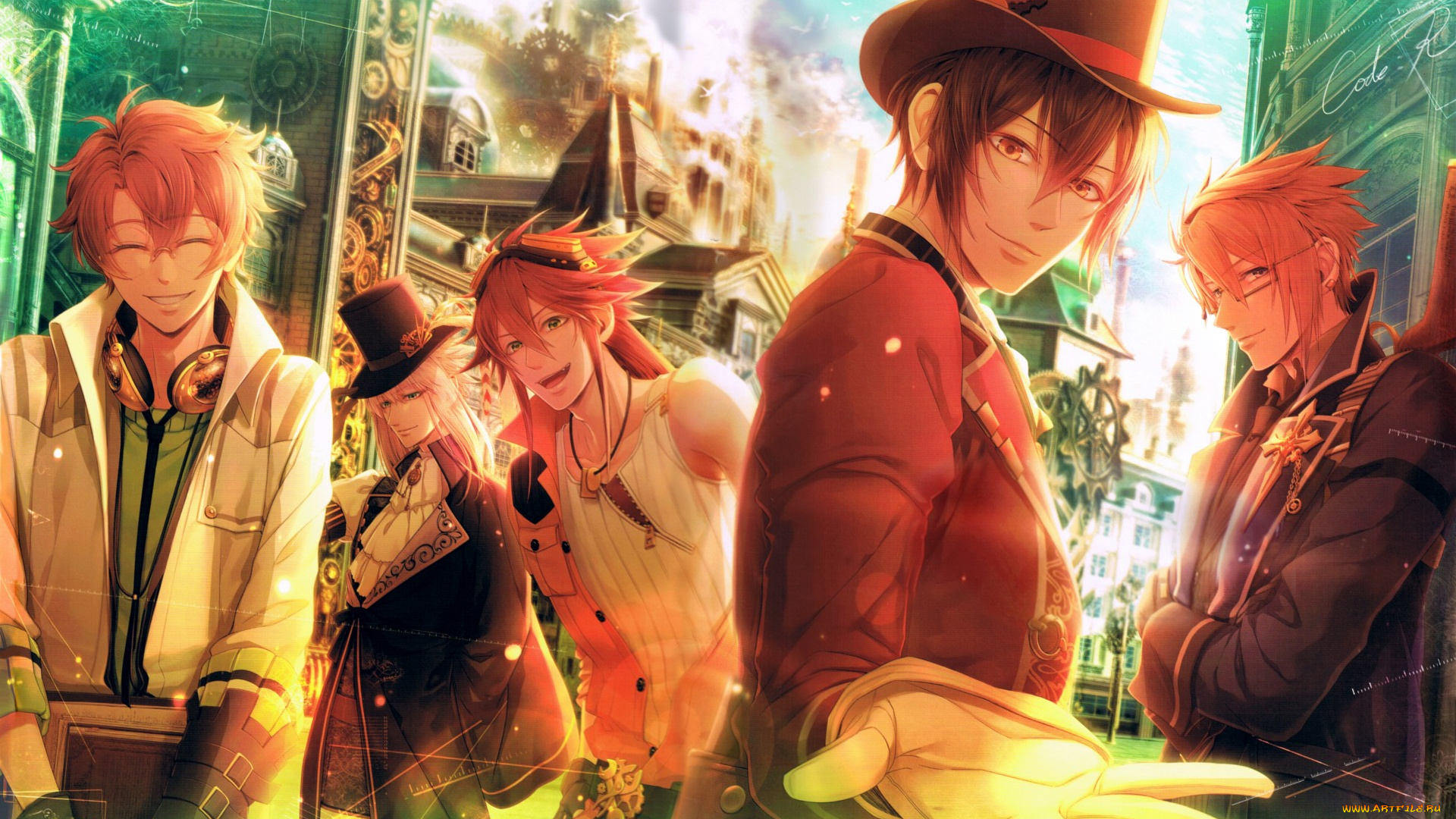 аниме, code, realize, impey, barbicane, перчатки, victor, frankenstein, arsene, lupin, abraham, van, helsing, шестеренки, костюм, шляпа, парни, saint, germain, visual, novel, дома, наушники, очки, miko, code, realize, art