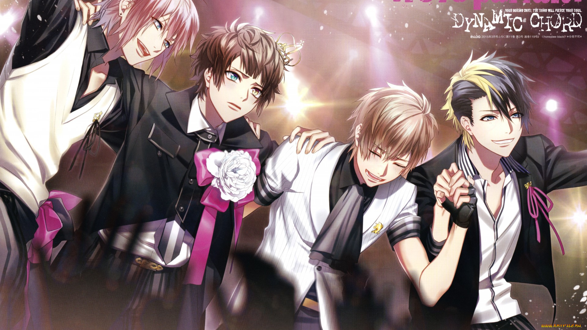 аниме, dynamic, chord, art, ryou, fujiwara, dynamic, chord, visual, novel, roon, kashii, aki, kuon, tsukinohara, tsugumi, momose, парни, радость, костюм, сцена, бант