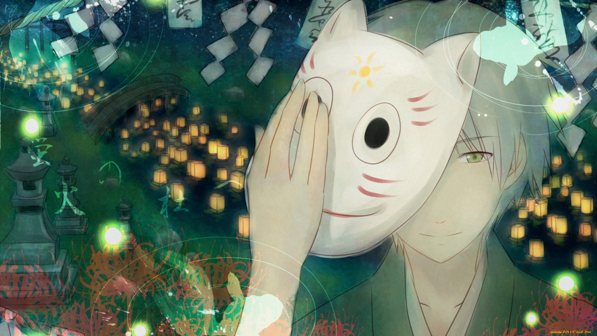 аниме, hotarubi, no, mori, e, hotarubi, no, mori, e, в, лесу, мерцания, светлячков, призрак, gin, парень, ночь, кимоно, ручей, мост, фонари, маска