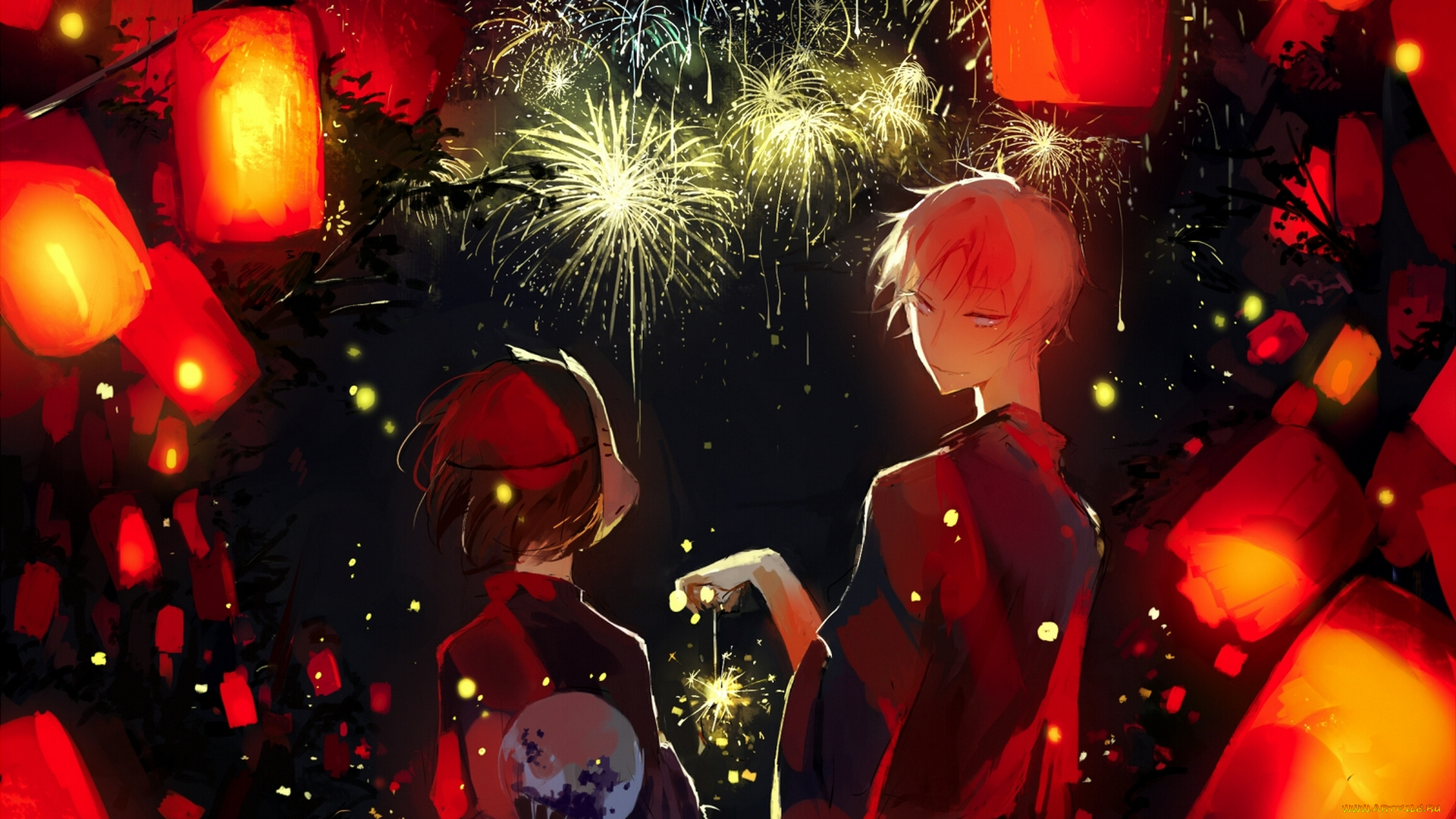 аниме, hotarubi, no, mori, e, кимоно, двое, девушка, парень, фейерверк, ночь, небо, фонарики, маска