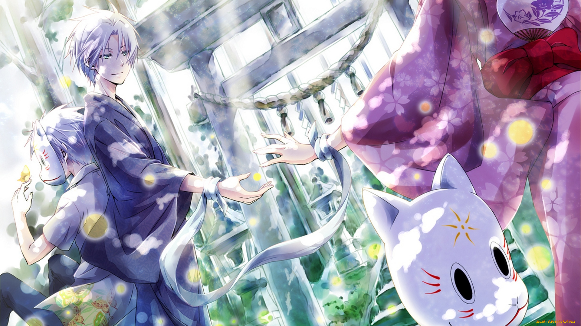 аниме, hotarubi, no, mori, e, парень, лестница, gin, девушка, арт, kaorie, природа, кимоно, маска, hotarubi, no, mori, e, takegawa, hotaru