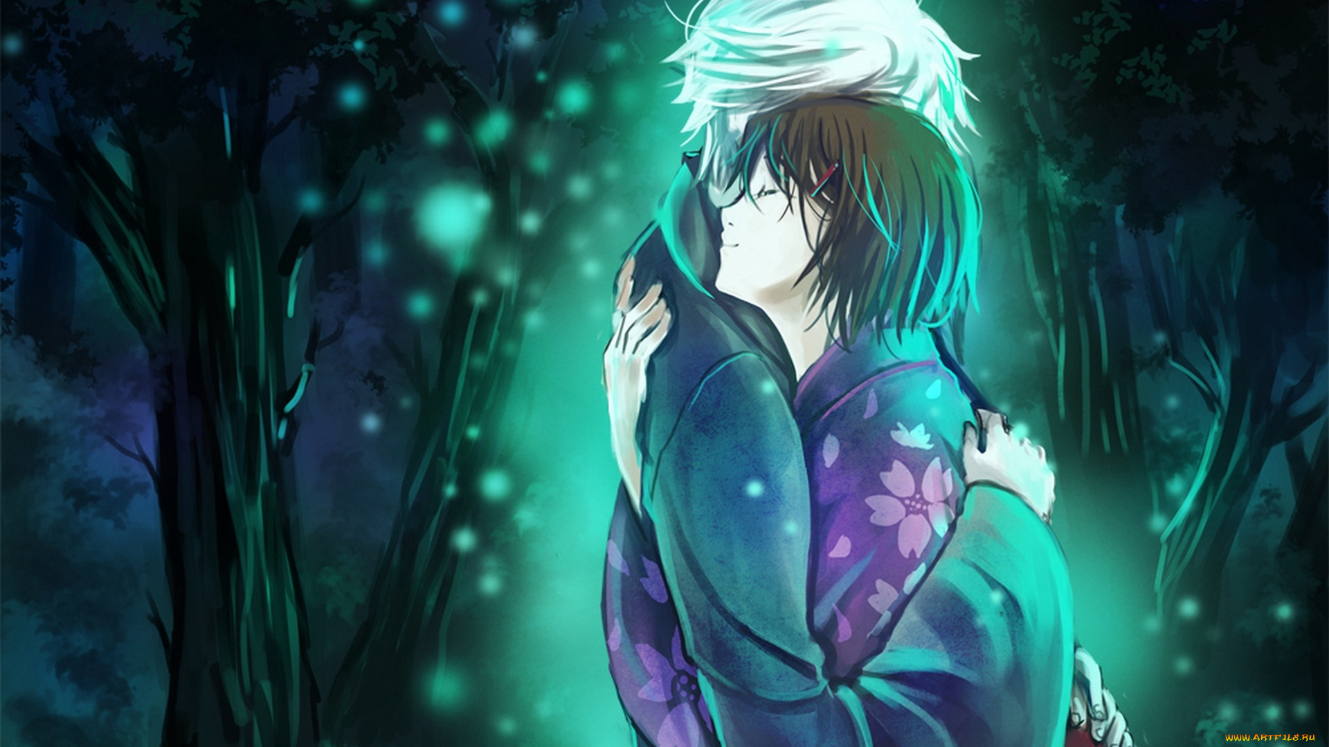 аниме, hotarubi, no, mori, e, улыбка, ночь, девушка, лес, кимоно, объятия, деревья, парень