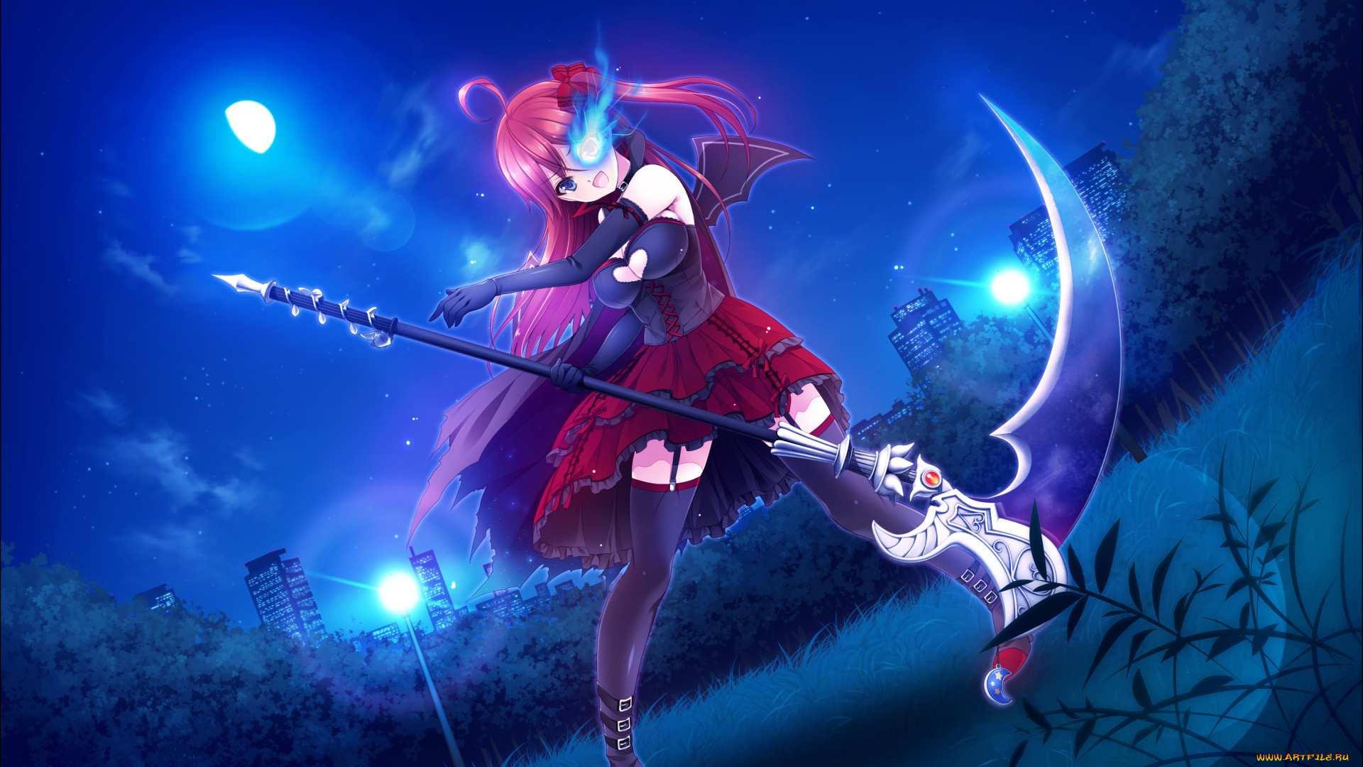 аниме, оружие, , техника, , технологии, коса, девочка, ночь