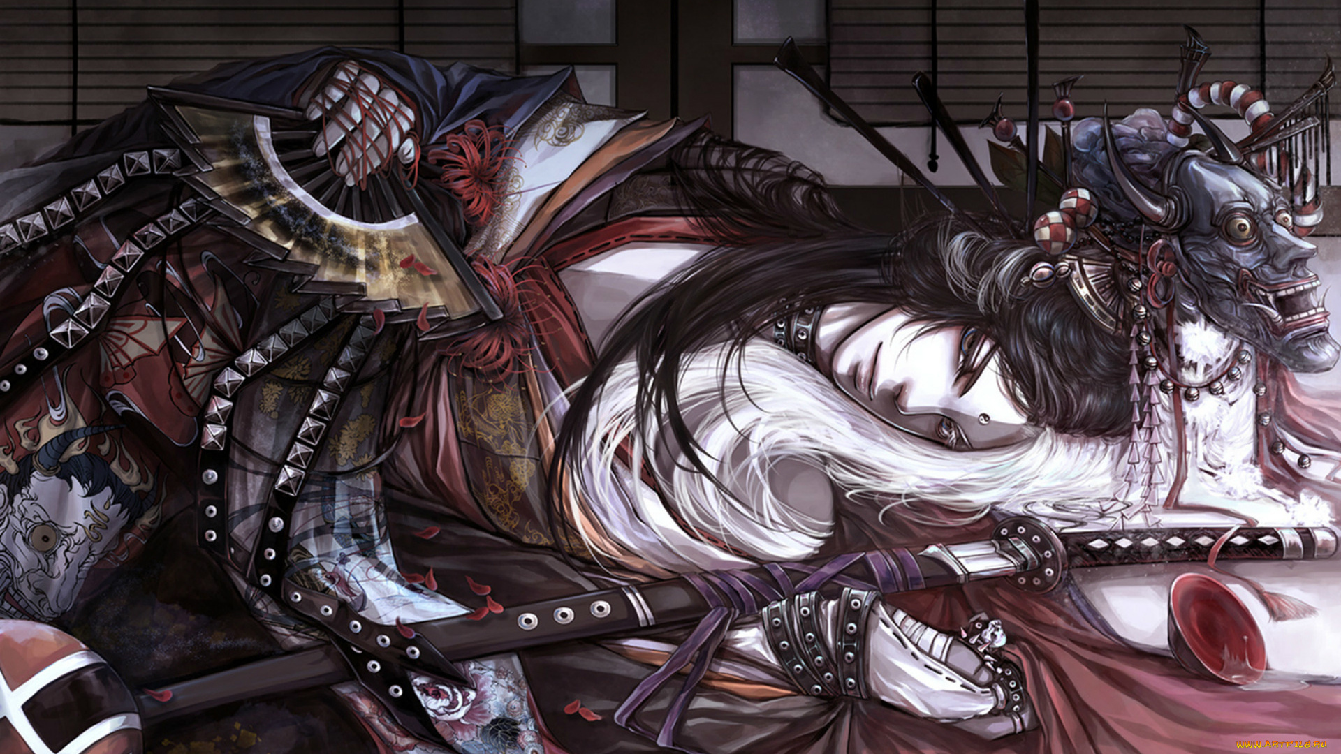 аниме, оружие, , техника, , технологии, парень, длинные, волосы, прическа, маска, веер, кимоно, катана, ножны, чашка, узор