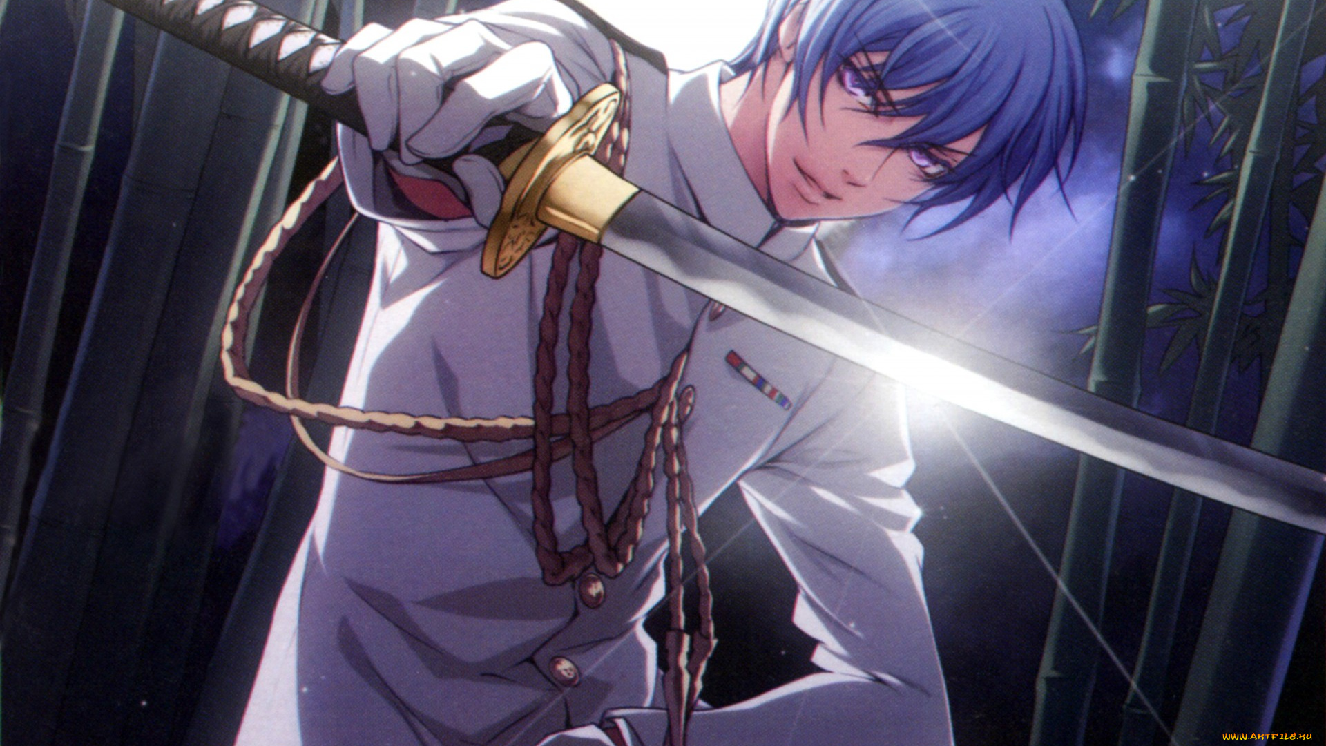 аниме, wand, of, fortune, art, kagerou, usuba, wand, of, fortune, visual, novel, julius, fortner, катана, китель, аксельбанты, перчатки, бамбук, ночь