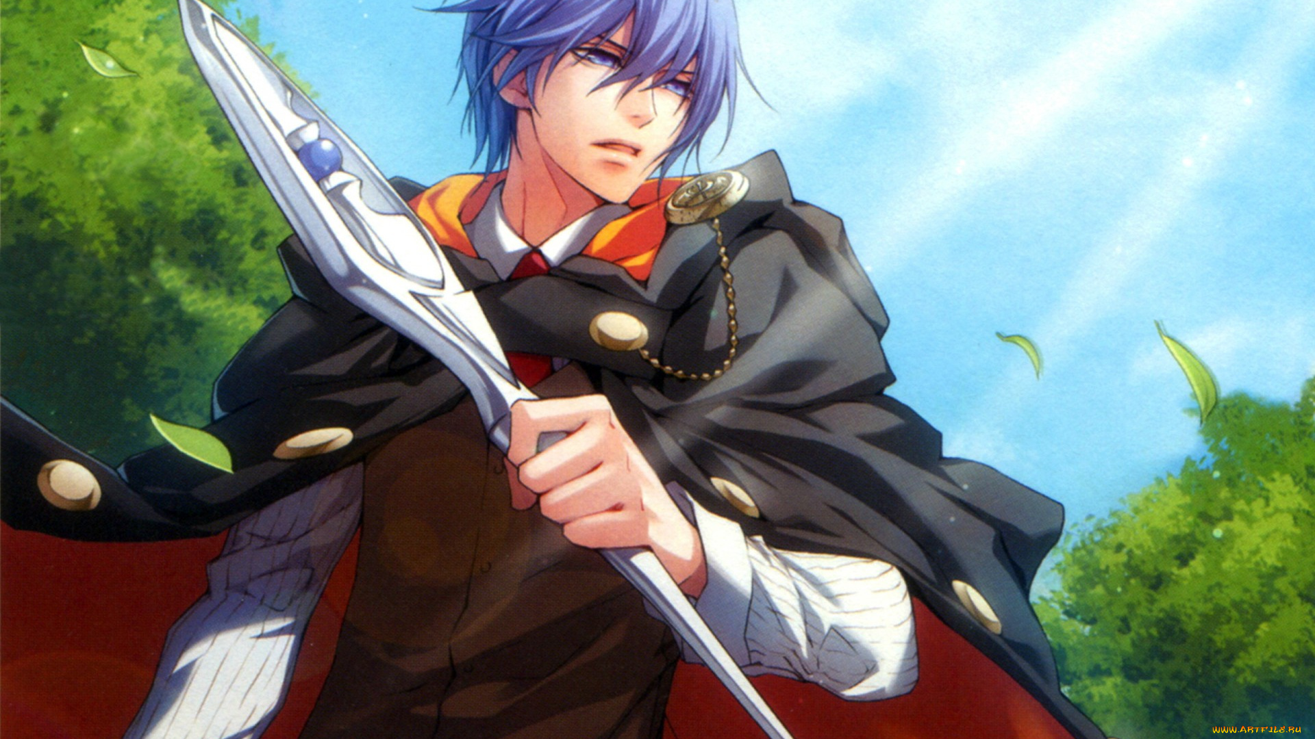 аниме, wand, of, fortune, art, kagerou, usuba, wand, of, fortune, visual, novel, julius, fortner, жезл, фортуны, голубые, глаза, посох, магия, небо, листва, плащ