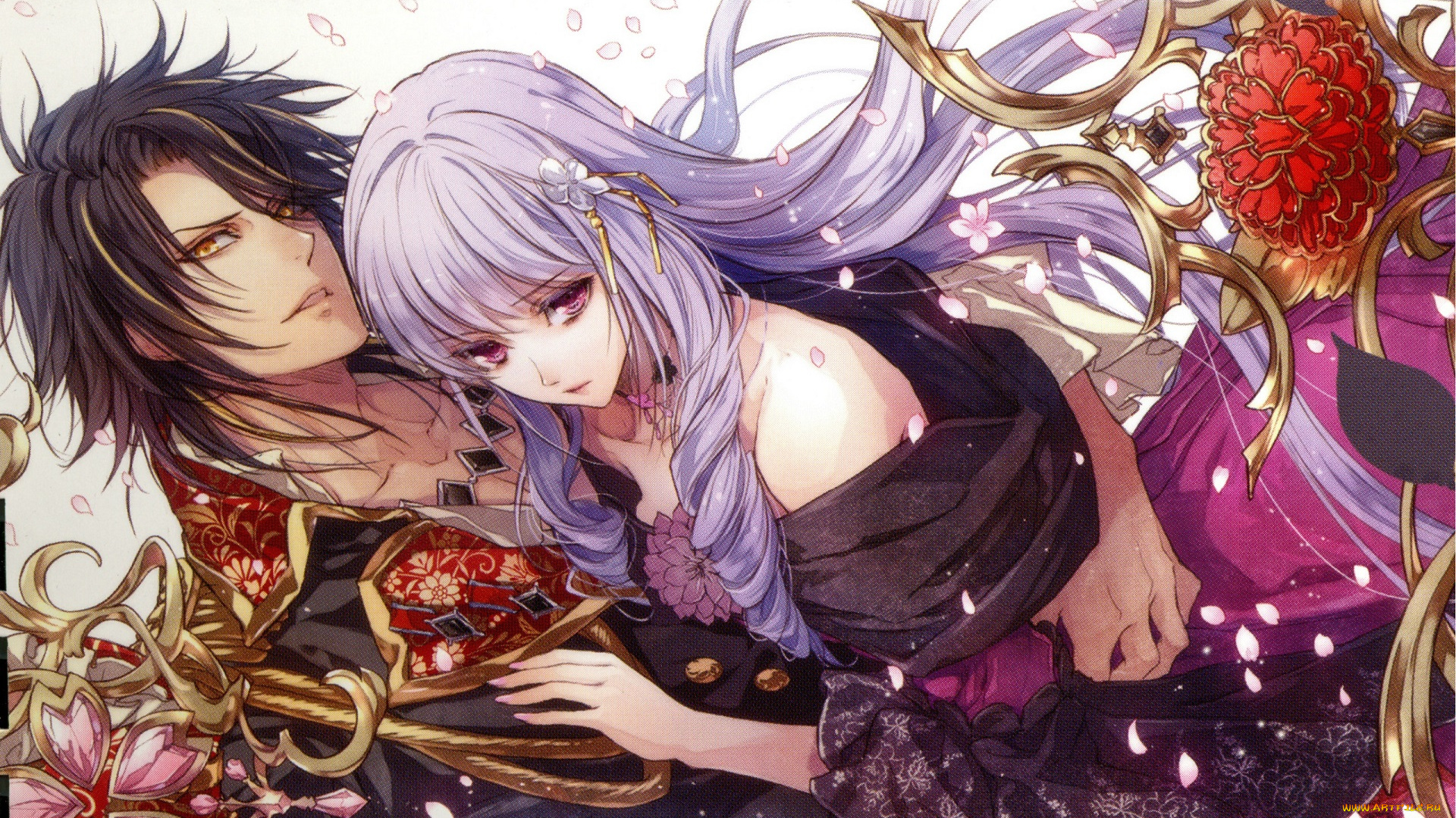 аниме, wand, of, fortune, art, kagerou, usuba, reine, des, fleurs, visual, novel, leon, violette, королева, цветов, двое, цветы, лепестки