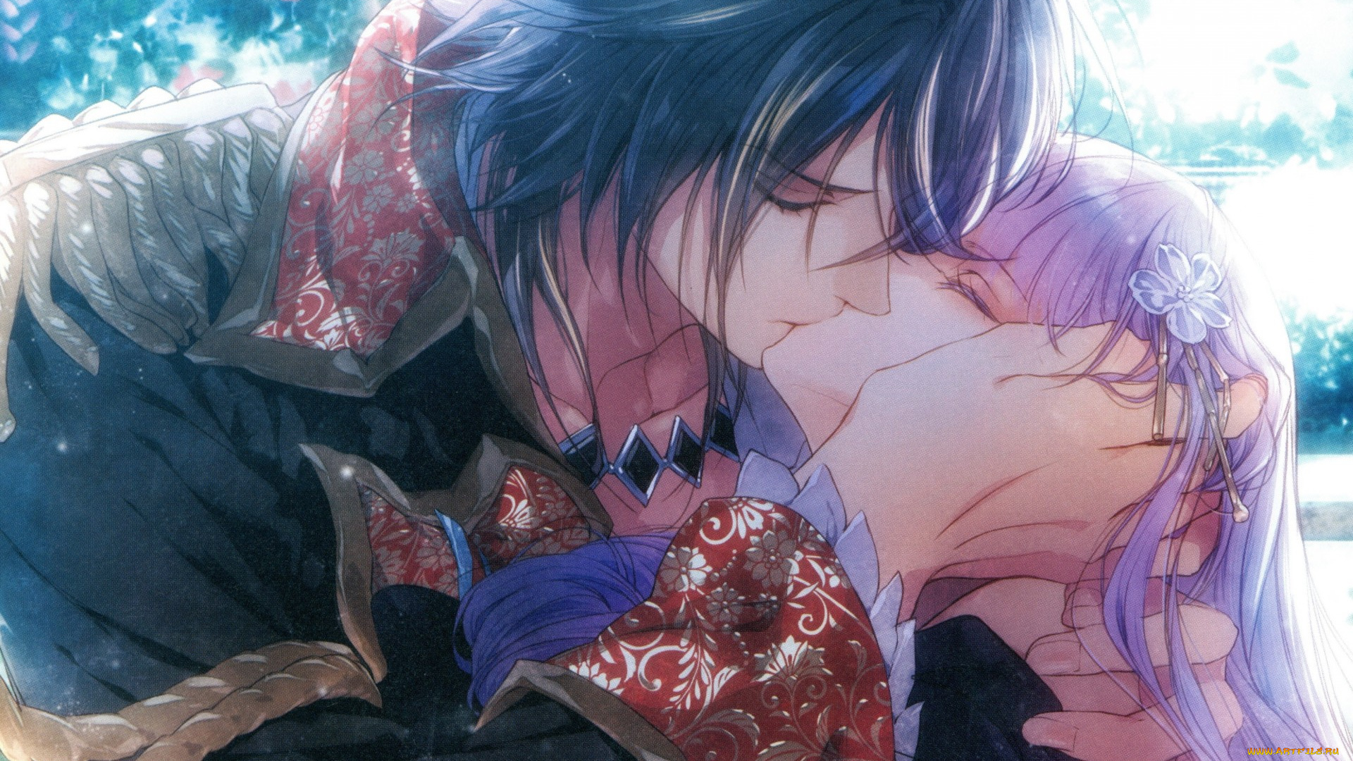 аниме, wand, of, fortune, art, kageru, usuba, reine, des, fleurs, visual, novel, violette, leon, поцелуй, объятия, руки, погоны, эполеты, закрытые, глаза, двое
