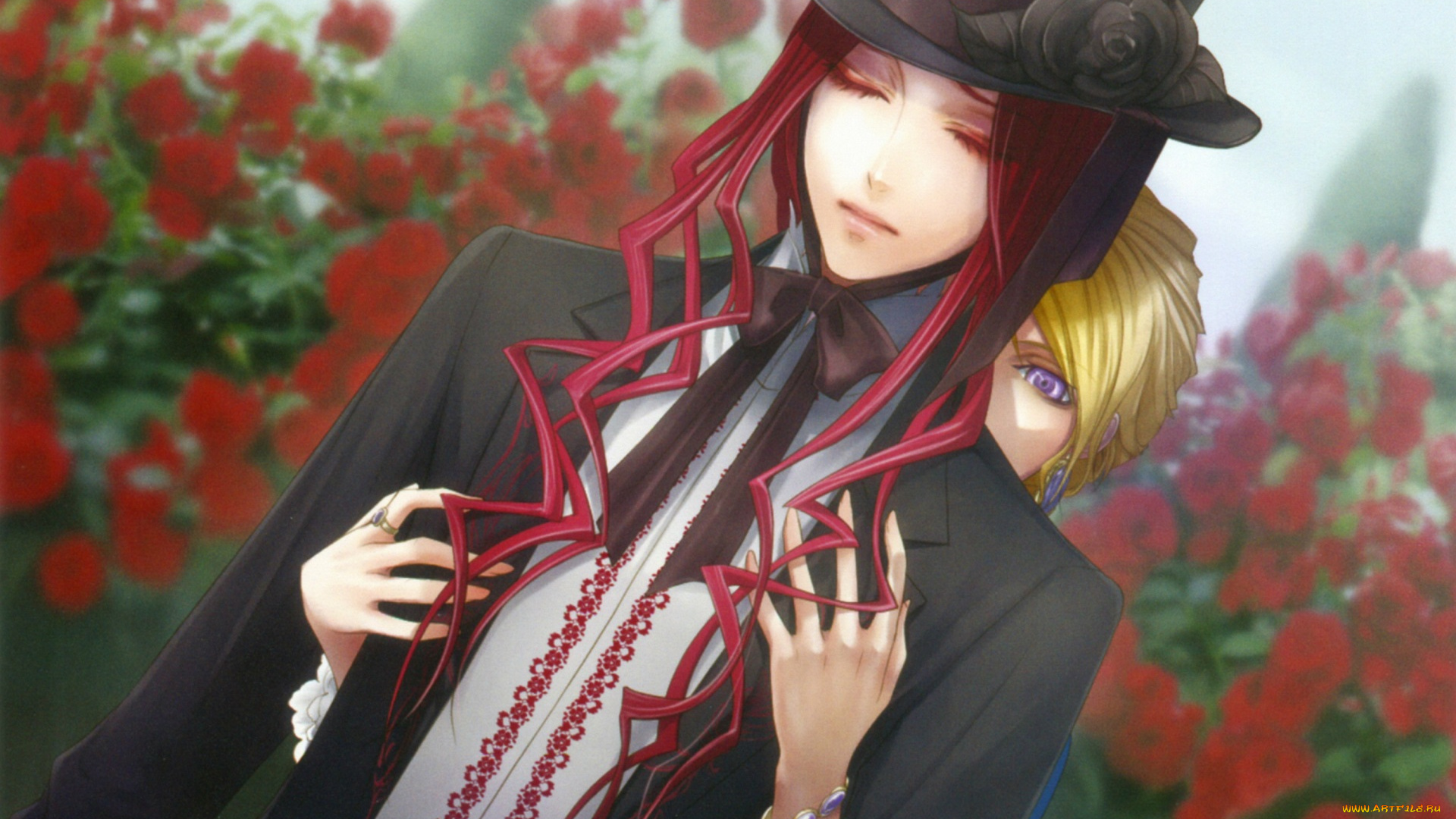 аниме, wand, of, fortune, visual, novel, gil, hanna, ellington, цилиндр, руки, кусты, розы, закрытые, глаза