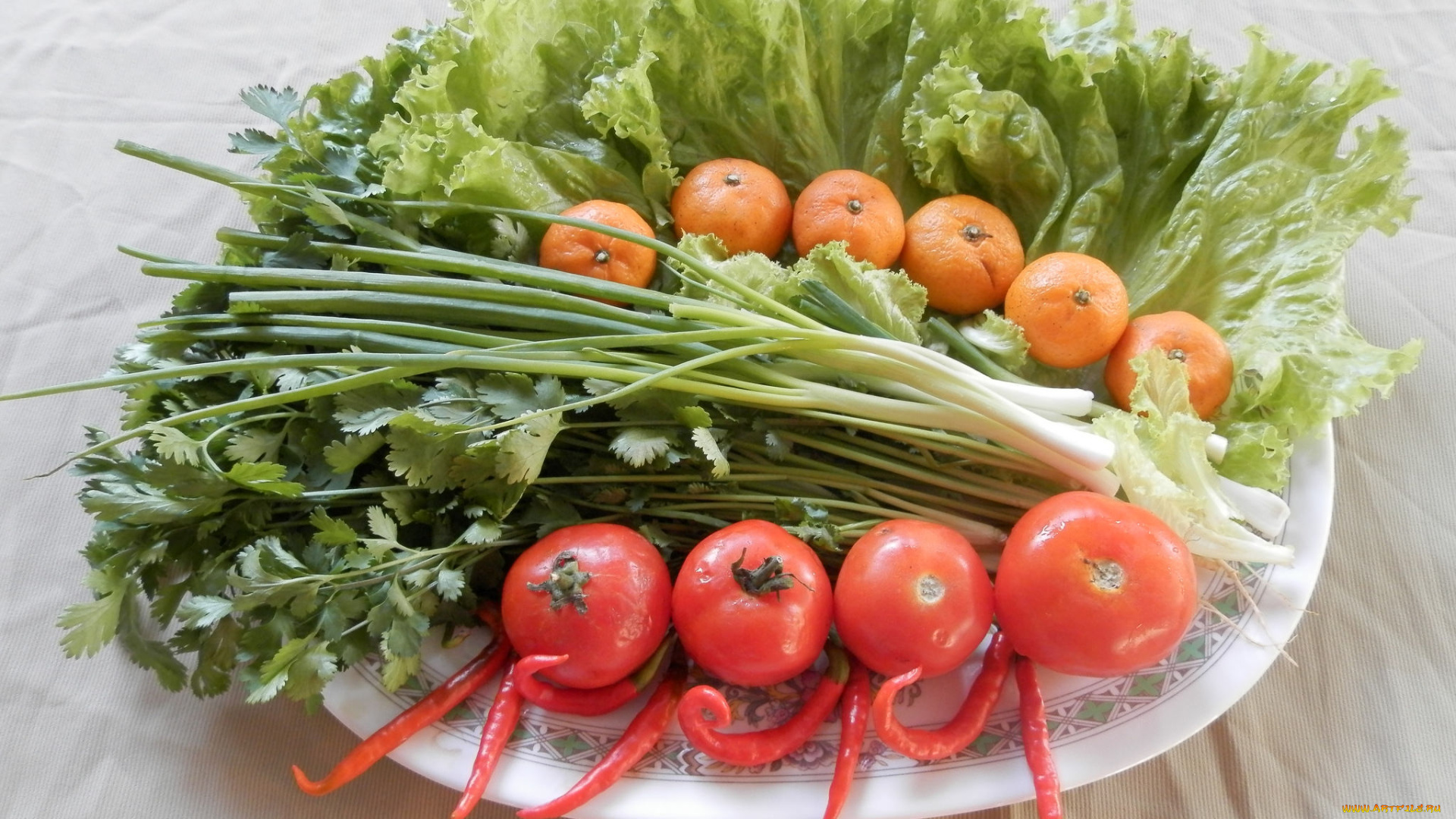 еда, фрукты, и, овощи, вместе, зелень, помидоры, мандарины