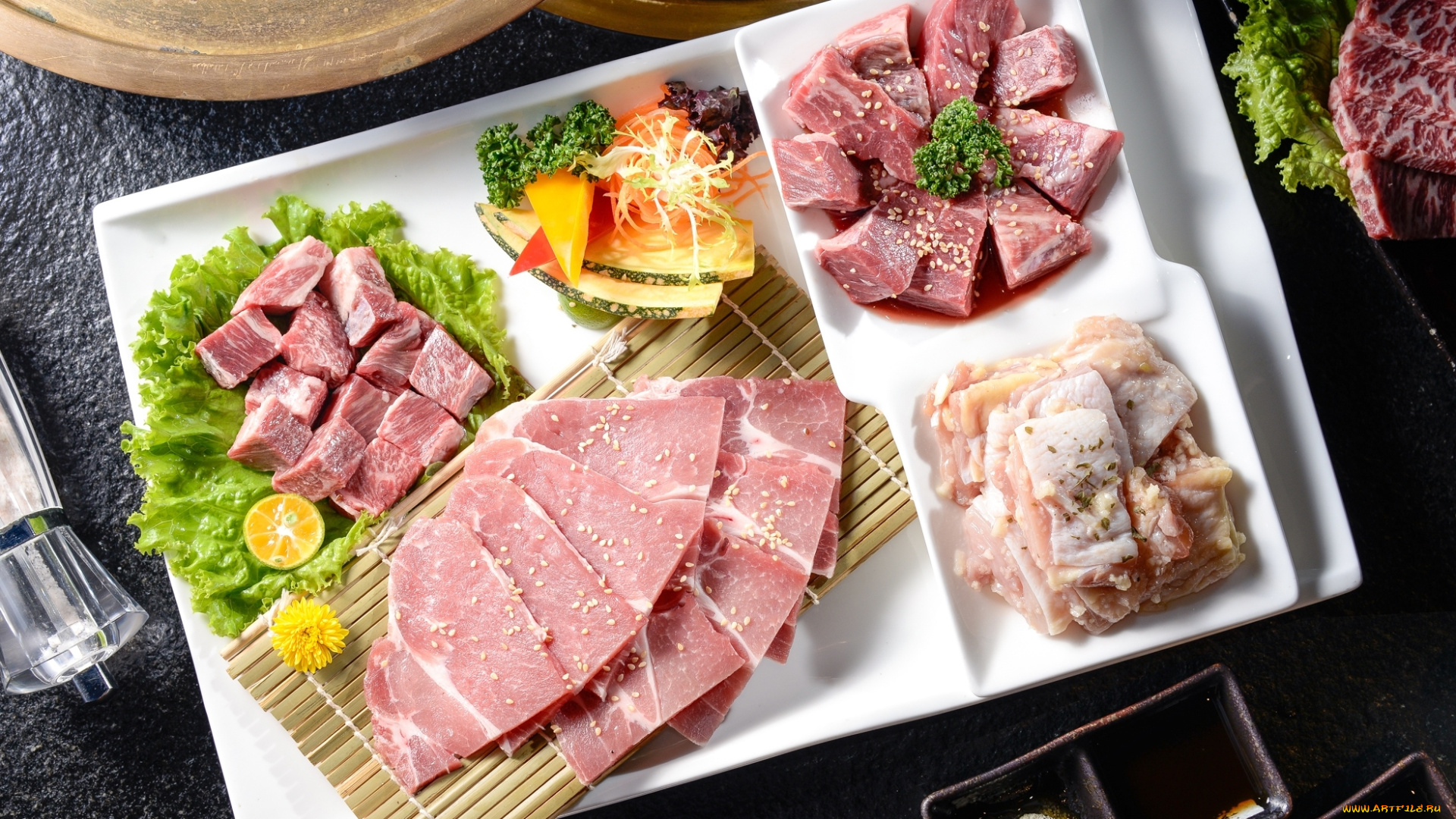 еда, мясные, блюда, нарезка, мясо, овощи, кунжут