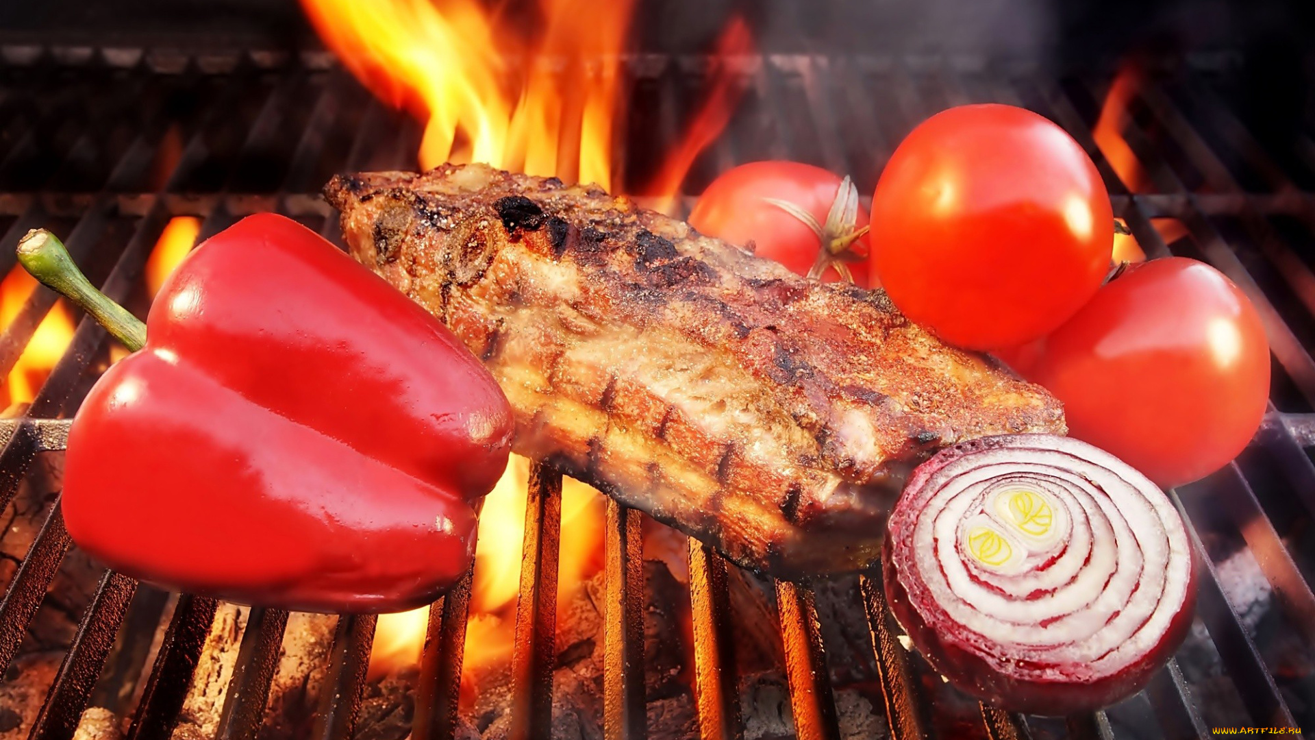 еда, шашлык, , барбекю, огонь, мясо, перец, помидоры