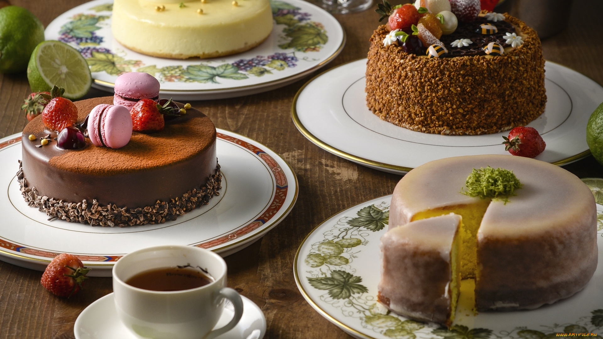 еда, торты, макарун, чай, крем, ягоды, десерт, торт